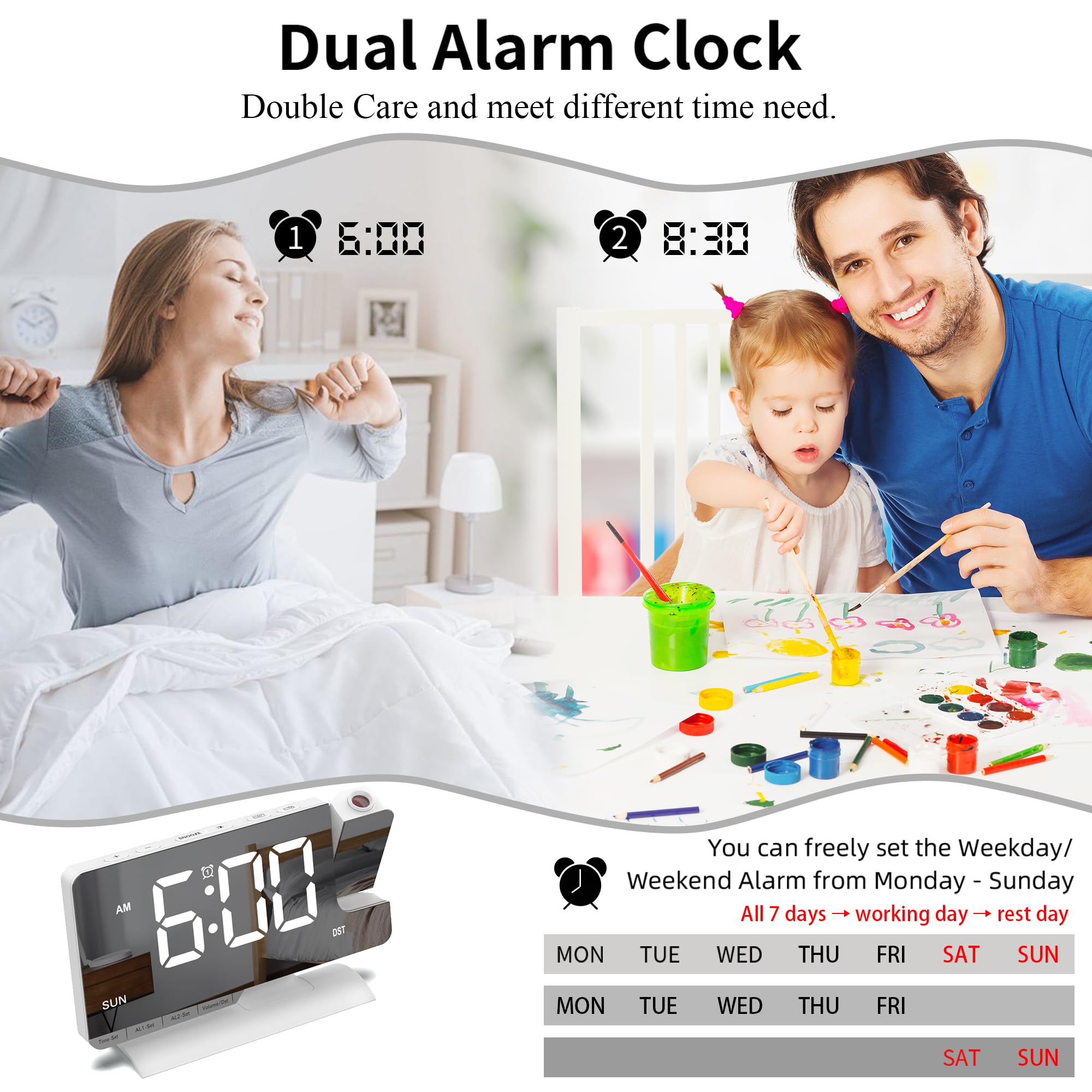 GAESHOW Sveglia con Proiettore Soffitto con Schermo a Specchio da 7,5 Pollici e 6 Livelli di Luminosità, Sveglia da Comodino Rotante 180°, Doppio Allarme, Snooze, Porte USB/Type-C, 5 Livelli di Volume