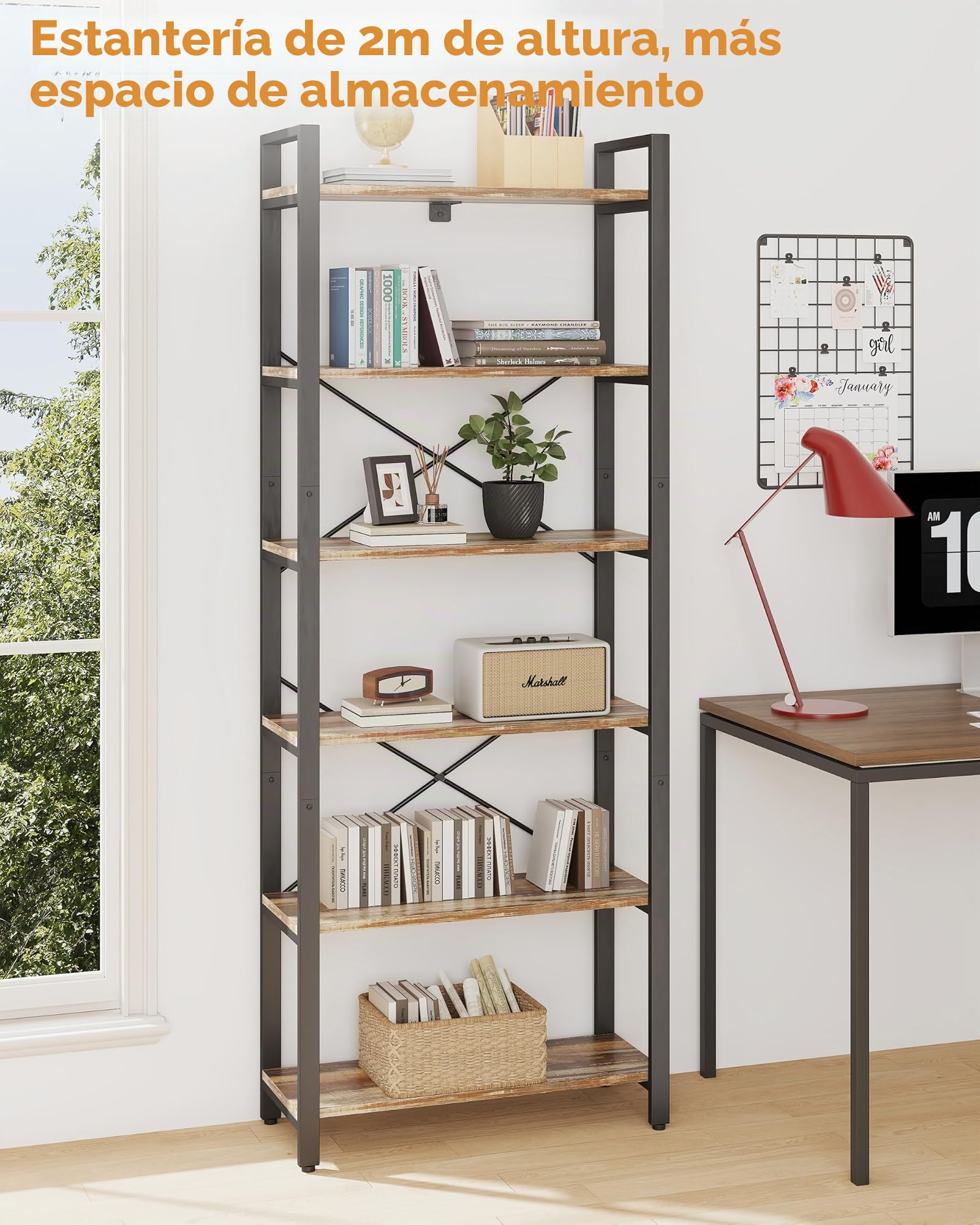 IRONCK 2M Estantería de pie con 6 Niveles, estantería de Madera con Marco de Metal, estantería de Oficina Industrial, estantes Abiertos, para Oficina, salón, Dormitorio, Cocina (marrón Camello Negro)