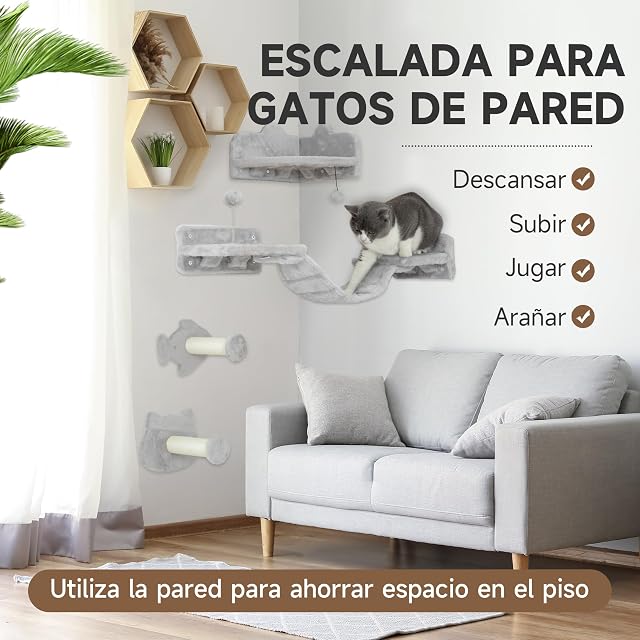 Foto 3 de 8 de PawHut Juego de Estanterías para Gatos de 4 Piezas de Pared Gris Claro