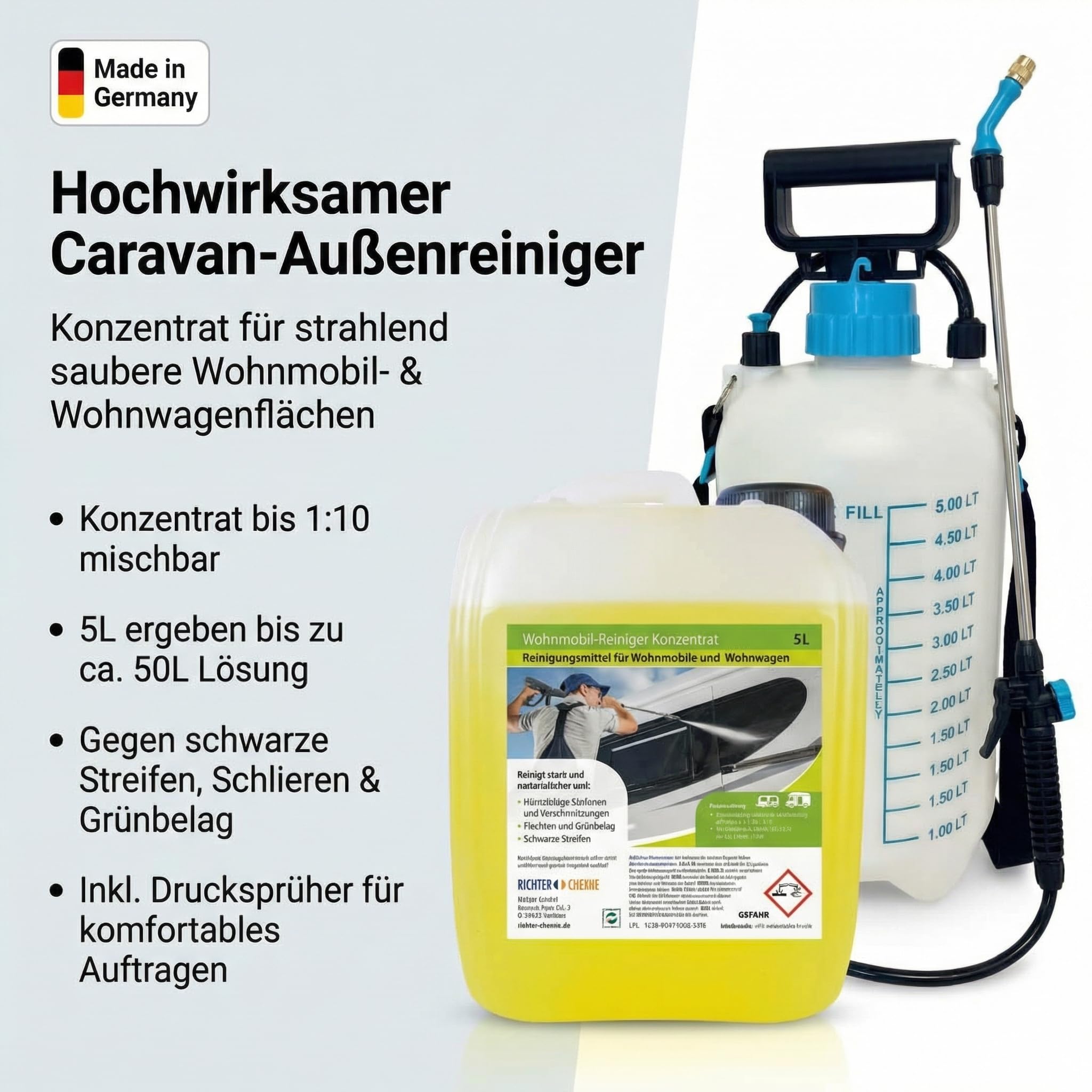 Richter Chemie Wohnwagenreiniger außen Konzentrat, Wohnmobil Außenreiniger & Caravanreiniger, 5L Kanister + Drucksprüher mit Lanze, bis 1:10 mischbar, ca. 50L