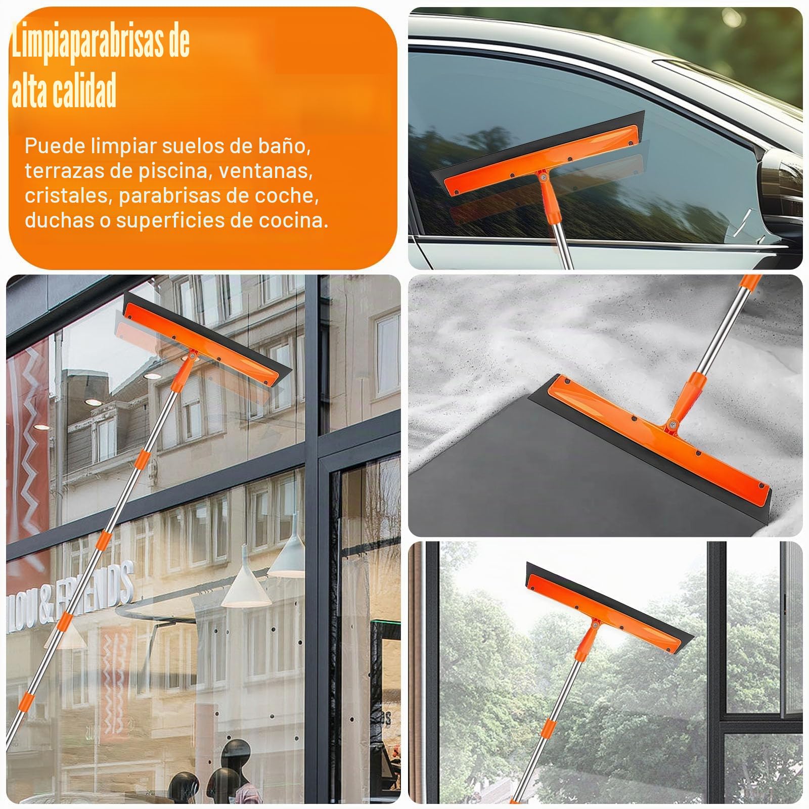 GAESHOW Kit limpiacristales telescópico 4 m, Limpiador de Cristales 2 en 1 con Cepillo de Microfibra y espátula de Goma, Cepillo para la Limpieza de Ventiladores de Techo