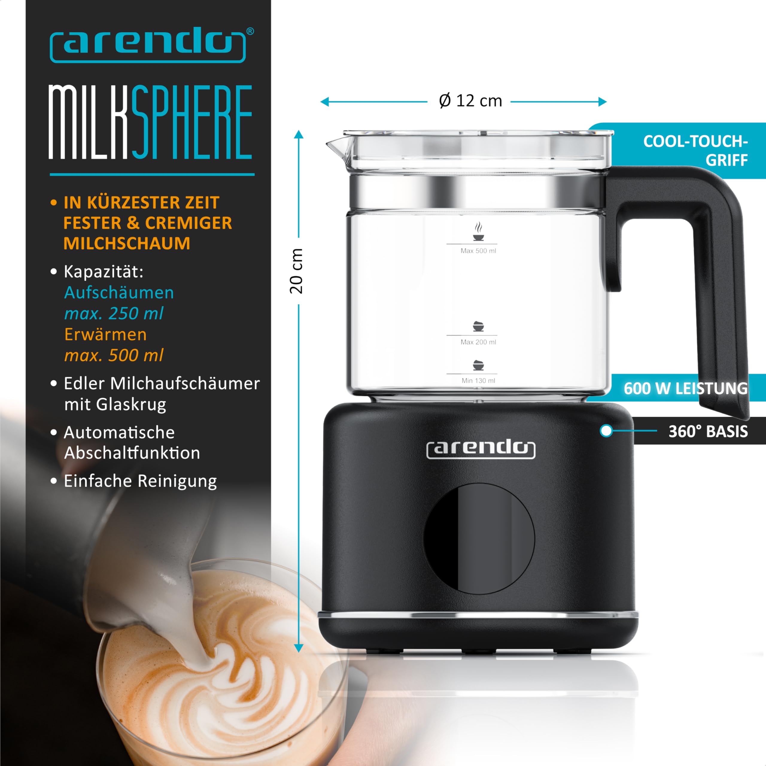 Arendo – Milchaufschäumer elektrisch – 500 ml – 6 Automatikprogramme – Milchschaum für heiß und kalt – 2 Einsätze – Milchschäumer für Cappuccino Latte Macchiato heiße Schokolade