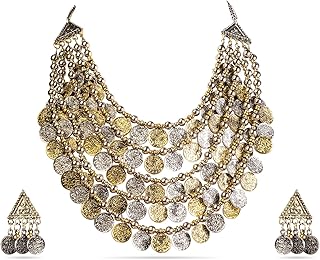 rubans Oxidised Silver & Gold Dual-Plated Multilayer Coin Statement Necklace Set for Women – for Festive & Ethnic Looks-picture-11