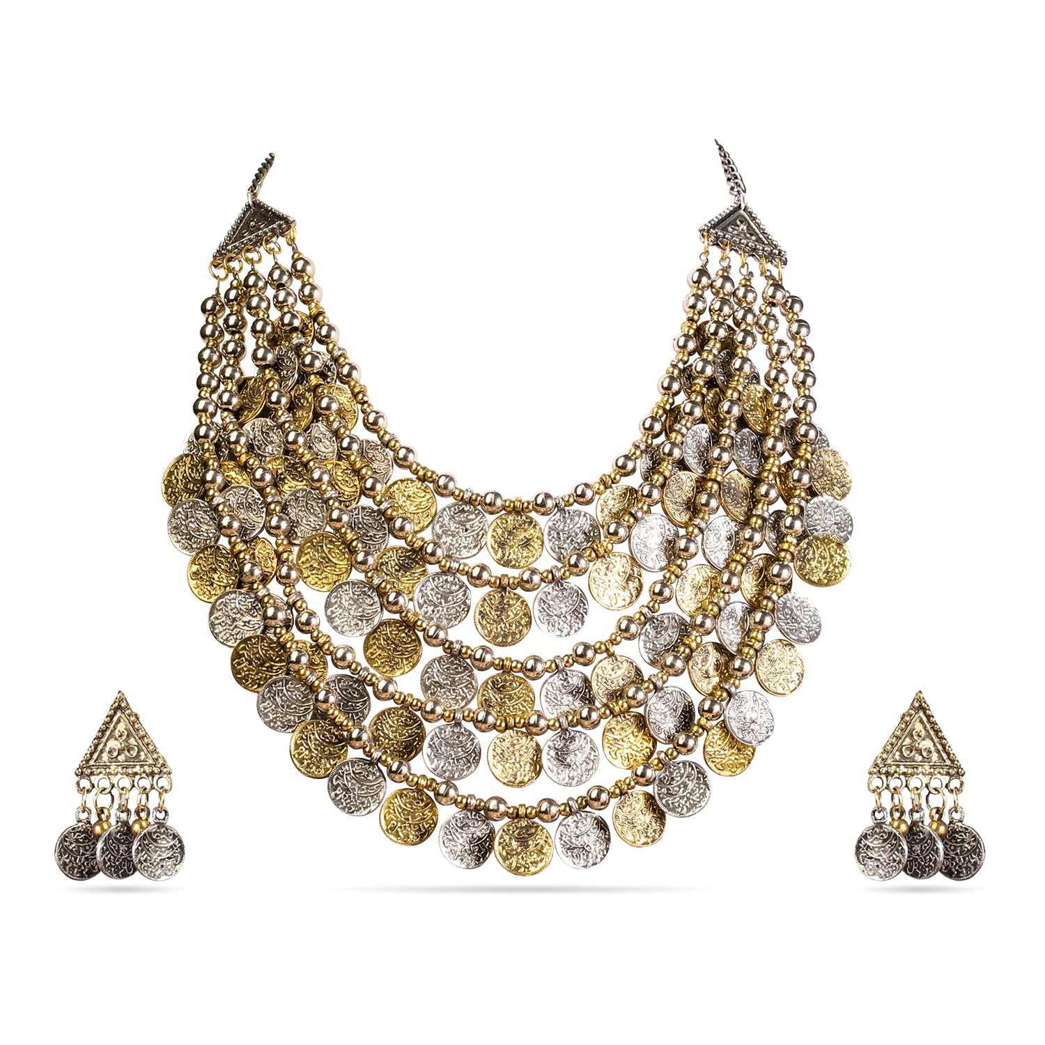 Oxidised Silver & Gold Dual-Plated Multilayer Coin Statement Necklace Set for Women – for Festive & Ethnic Looks-image-48