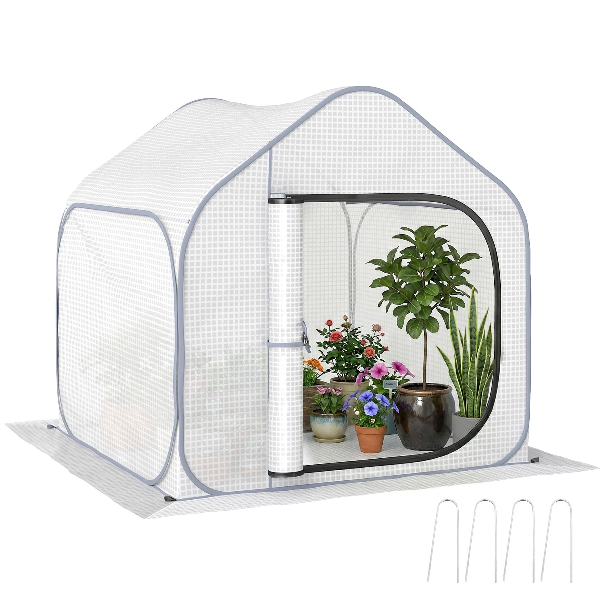 Outsunny Mini Pop Up Greenhouse with Reinforced PE Cover, Foldable Small Greenhouse with Zipper Door for Indoor Outdoor, 150 x 148 x 148 cm, White