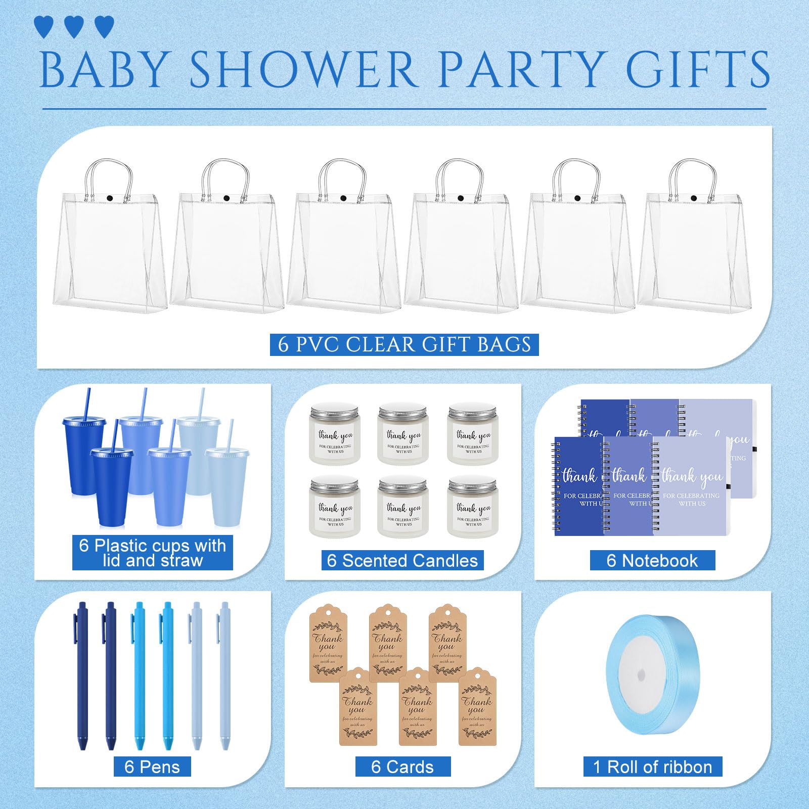 Nuogo 12 Sets für neue Eltern Duschpreise für Spielergewinner, Erwachsene, Hochzeit, Brautparty, Geschenk, Kunststoff-Becher, Notizbuch, Duftkerze, Kugelschreibertasche (Farbverlauf, Blau, klassischer
