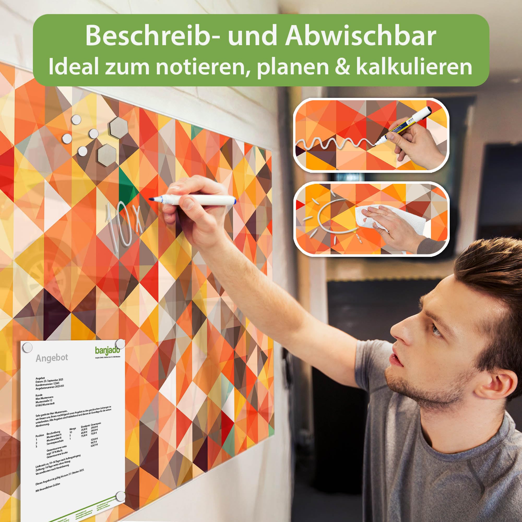 banjado Glas-Magnetboard in 45x30cm für Notizen mit abstraktem Muster