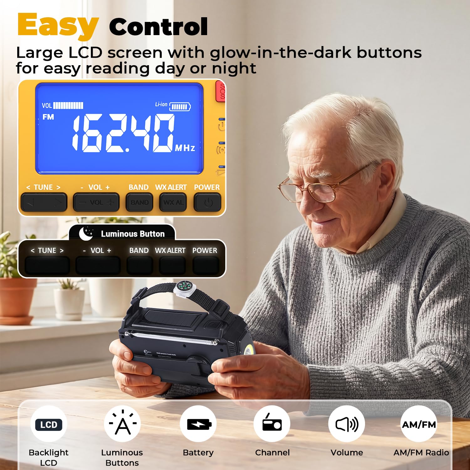 Esky Radio składane 10 000 mAh, przenośne radio awaryjne AM/FM, latarka, alarm SOS i kompas, ładowanie korby USB / solarne / ręczne ładowanie na kemping, na zewnątrz, przerwy w dostawie prądu, prezent
