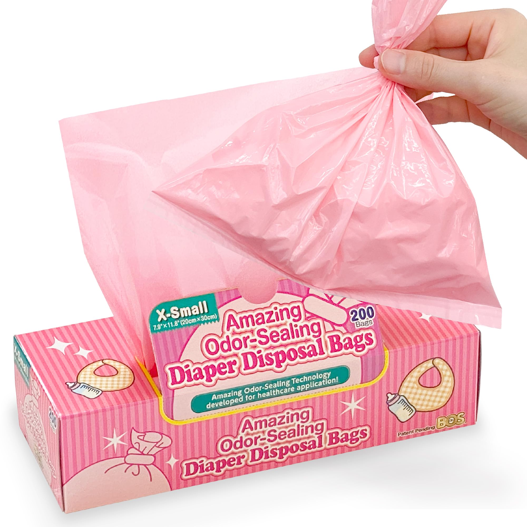 BOS Amazing Olor Sealing Baby Pañal Bolsas de desecho – Duraderas y sin perfume (200 bolsas) [Tamaño: XS, Color: Rosa] Nuevo paquete de bebé!