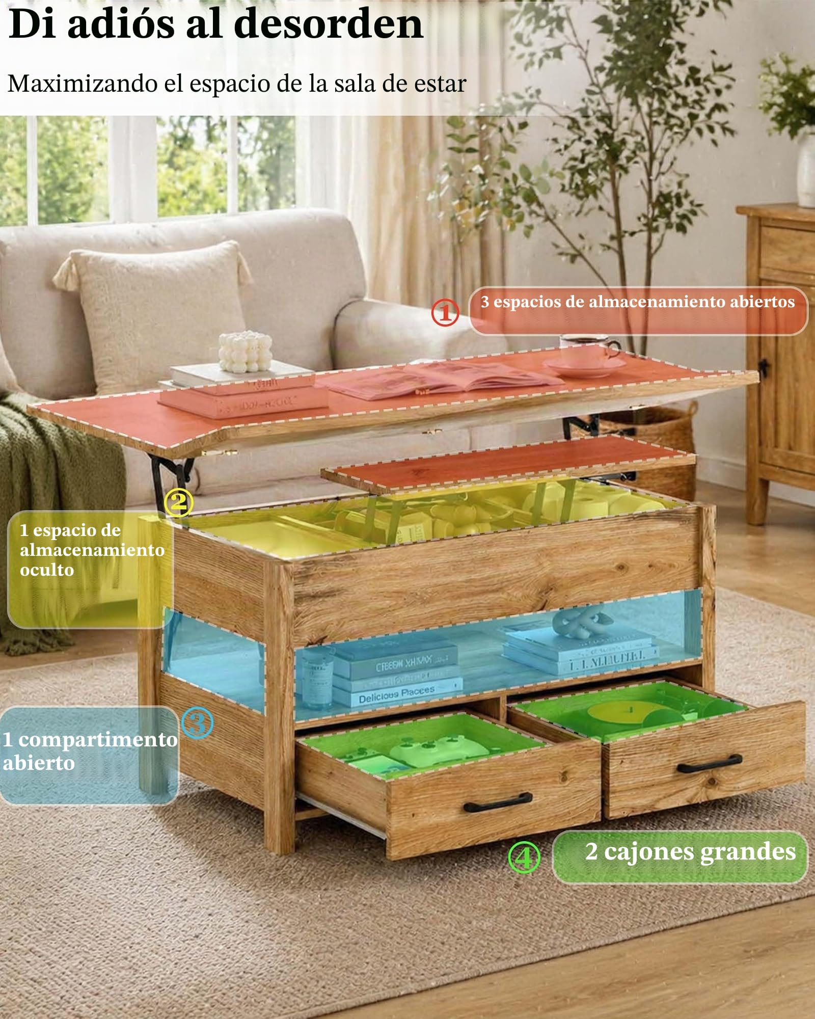 Mesa de Centro Elevable y Extensible, Coffee Table con Altura Regulable, Mesa Auxiliar Sofa con 2 Cajones, 2 USB y 2 Enchufes, Luz LED, Madera