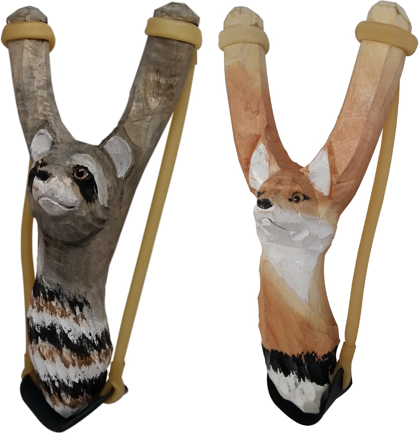 Hand-Carved Wooden Animal Slingshot Set | 2 Pack (Raccoon & Fox)