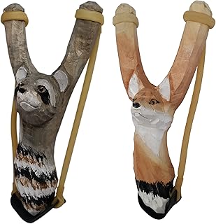 NatureLaunchers Hand-Carved Wooden Animal Slingshot Set | 2 Pack (Raccoon & Fox)