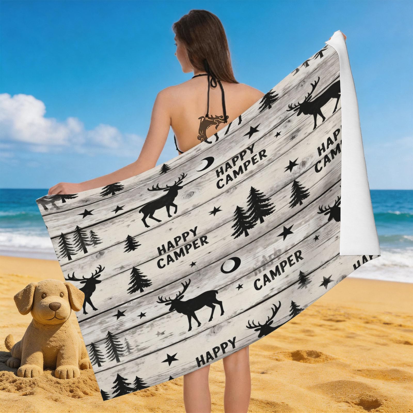 Leichong Men's Black & White 3D Camping Beach Towel Large Microfiber Soft Quick Dry For Adults, Deer Silhouette Bath Towel Lightweight Soft Absorbent For Travel Swimming Pool Sports, 80 X 160 Cm