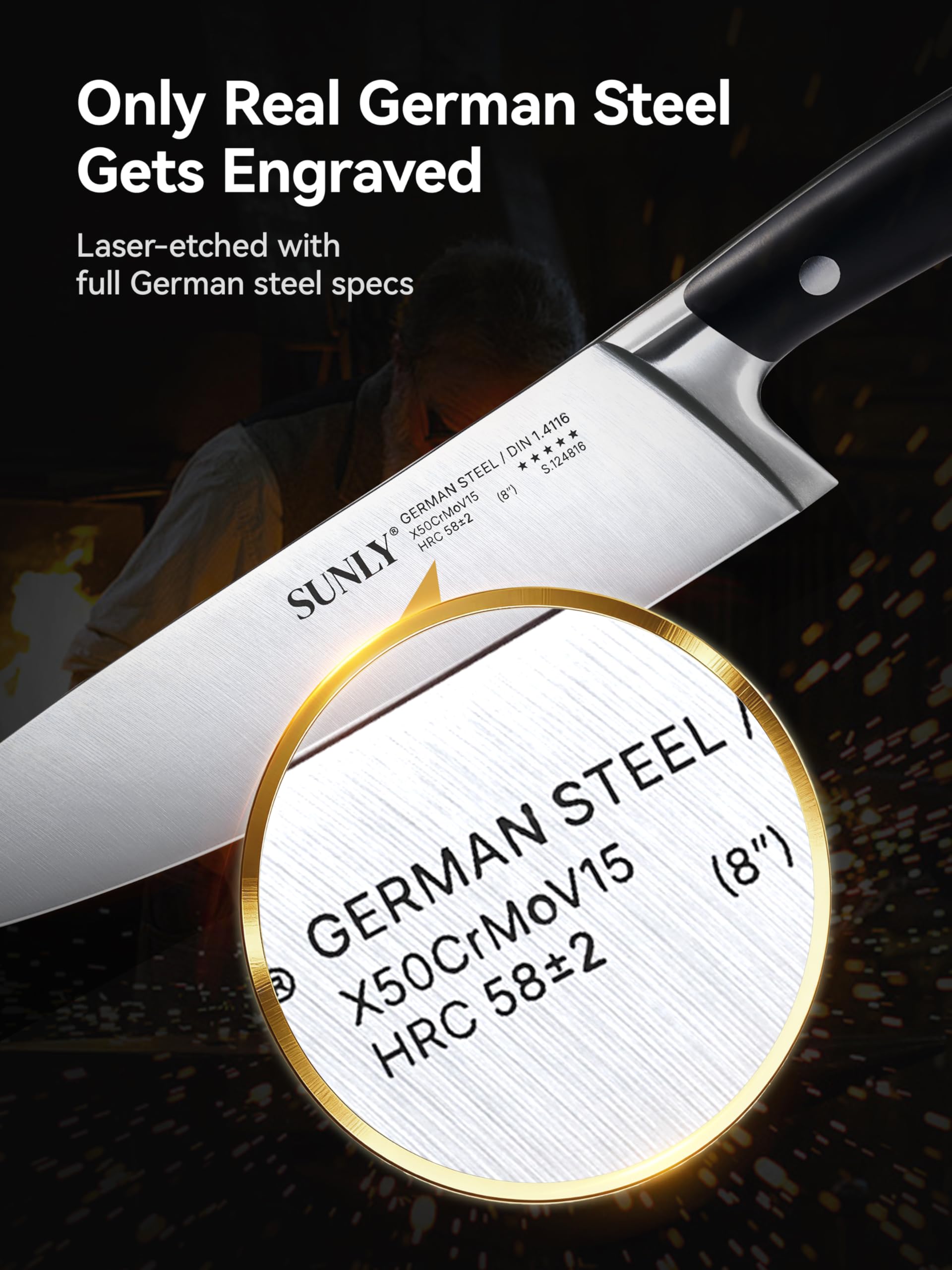 SUNLY Chef Knife, 8 Inch Professional Kitchen Knife with German 1.4116 Stainless Steel, 58±2 HRC Hardness, Full-Tang Design, Anti-Slip Handle for Meat, Fruits, Vegetables, Gift-Ready Magnetic Box — Amazon image 6