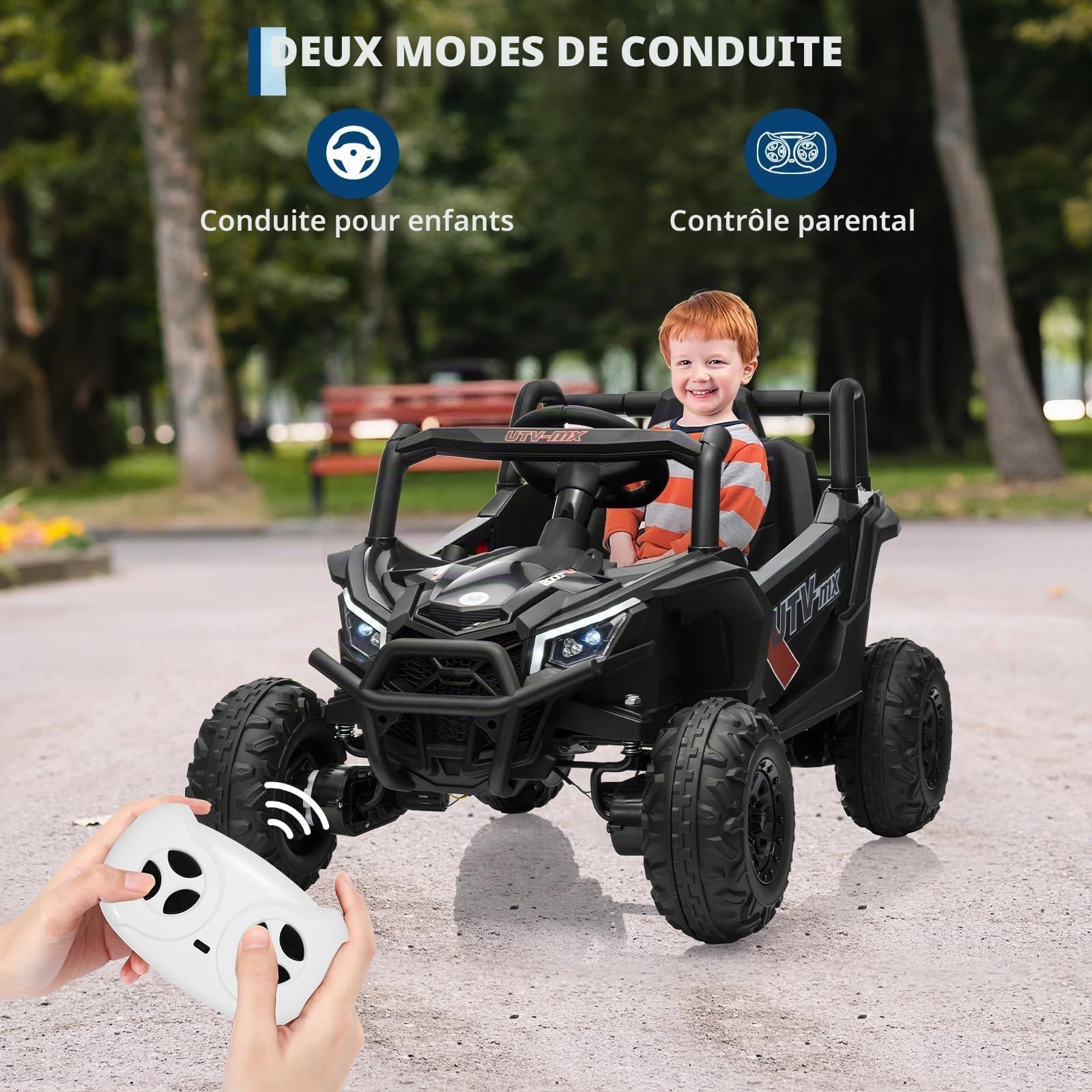 Garvee 4x4 Electrique Enfant UTV 12V avec Télécommande, Quad Enfant avec Phares LED, Musique, USB Et Bluetooth pour Enfants De 3 Ans+, Noir