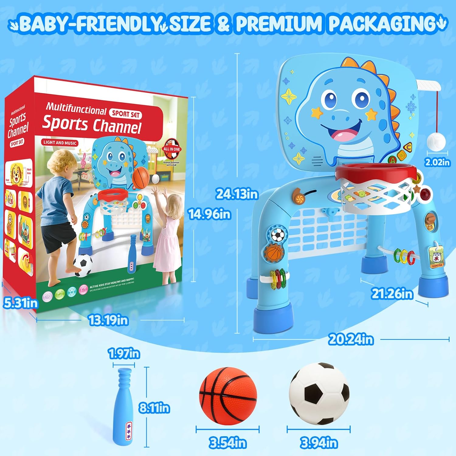 Toys for 1 Year Old Boy - Toddler Basketball Hoop & Soccer Goal & Baseball Activity Center with Light Sound Music, Dinosaur Montessori Sports Toy, Christmas Birthday Gift for Baby 12-18 Months, Blue