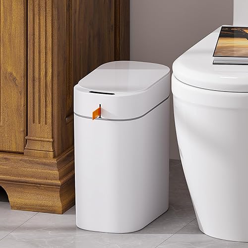 MOPALL Bote de basura recargable para baño, con sensor de movimiento, automático, sin contacto, blanco de 3.5 galones con tapa, cesta de basura