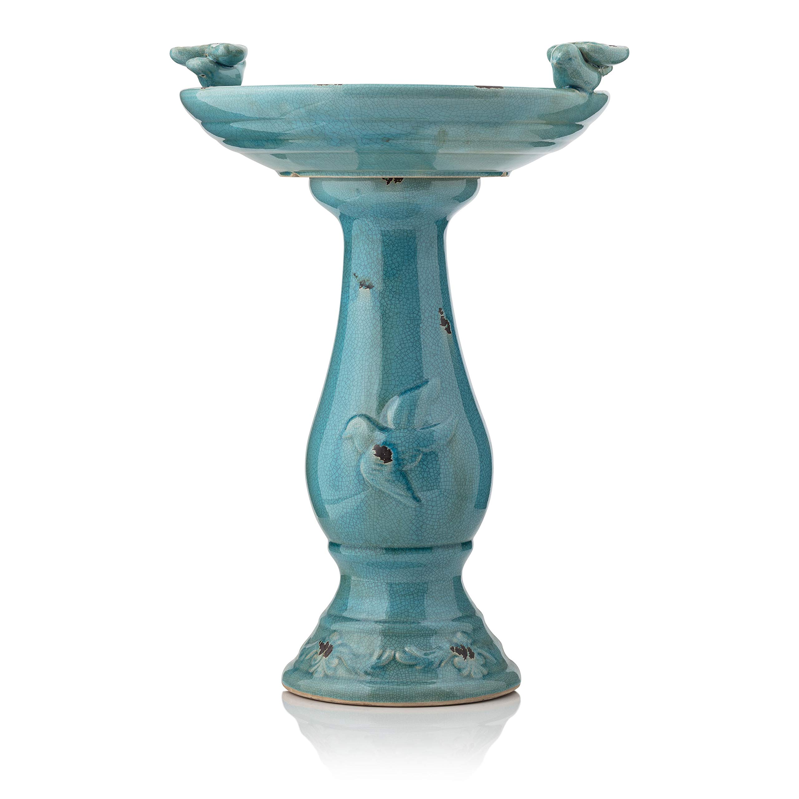 Alpine Corporation TLR102TUR Alpine Pedestal Bath with 2 Figurines-Turquoise Antique Ceramic Birdbath with Birds, 24 Inch Tall, 24"