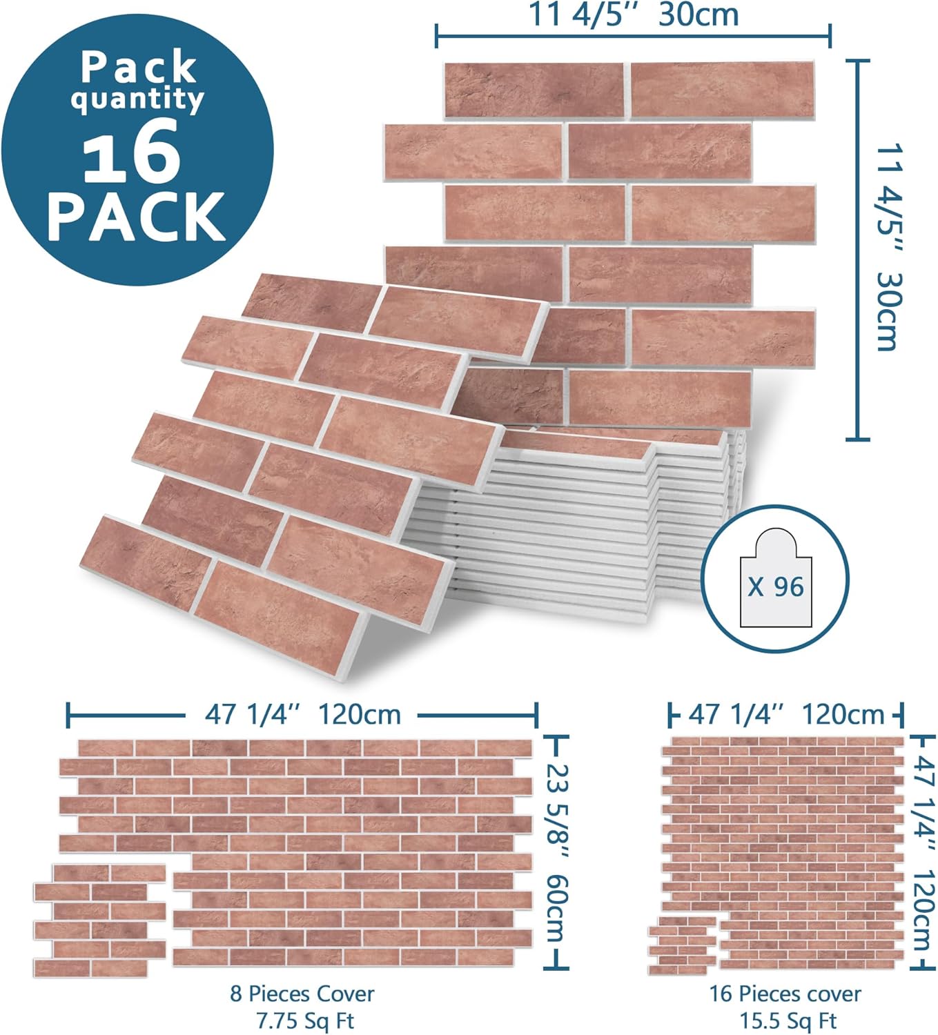16-Pack 3D Faux Brick Acoustic Wall Panels, 11.8" x 11.8" PET Soundproof & Noise Cancelling Felt Tile with 96 Adhesive Tabs, Sound Absorbing Peel and Stick Backsplash Wall Tile, Red Red 11.8” X 11.8" 16