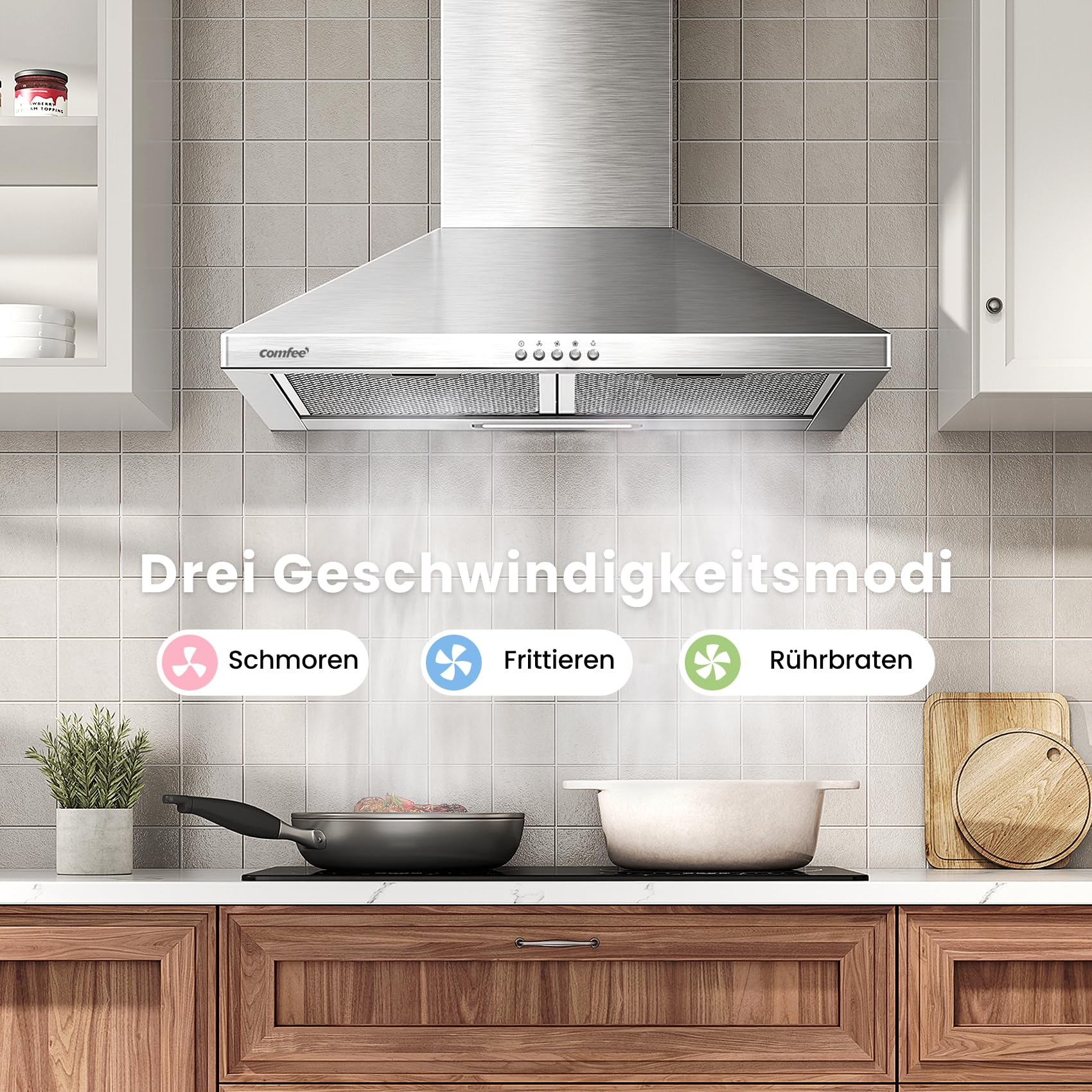 COMFEE ' CH60A17EM400SS A++ okap kuchenny z obiegiem i wywiewem, 60 cm, okap ścienny z filtrem z węglem aktywnym, strumień powietrza 400 m³/h, 5 warstw nadającego się do prania filtra tłuszczu