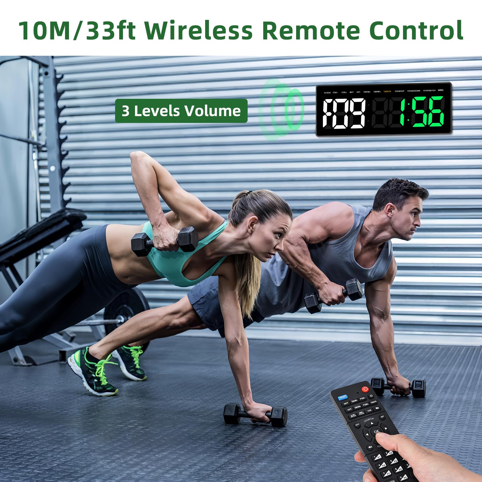Fitness Gym Timer Groß mit Stoppuhr Countdown Countup 12/24H Uhr, Fernbedienung, 3 Helligkeit & Lautstärke Einstellbar