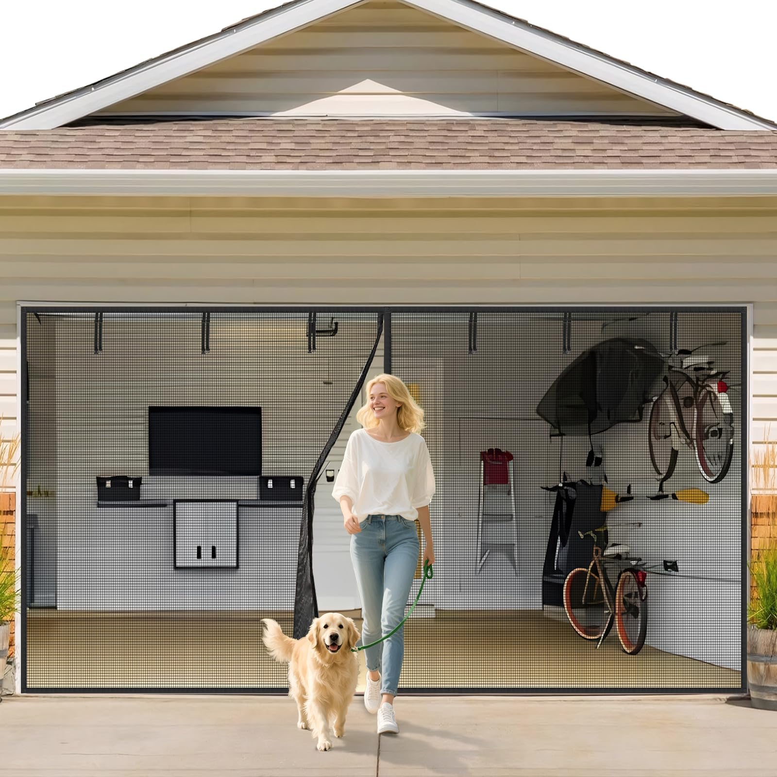Garage Door Screen 2 Car 16x7ft Garage Screen Door,Upgraded PET Mesh Stronger Than Fiberglass and Polyester,Heavy Duty Weighted Bottom and Magnetic Closure,Hands Free,Easy Assembly