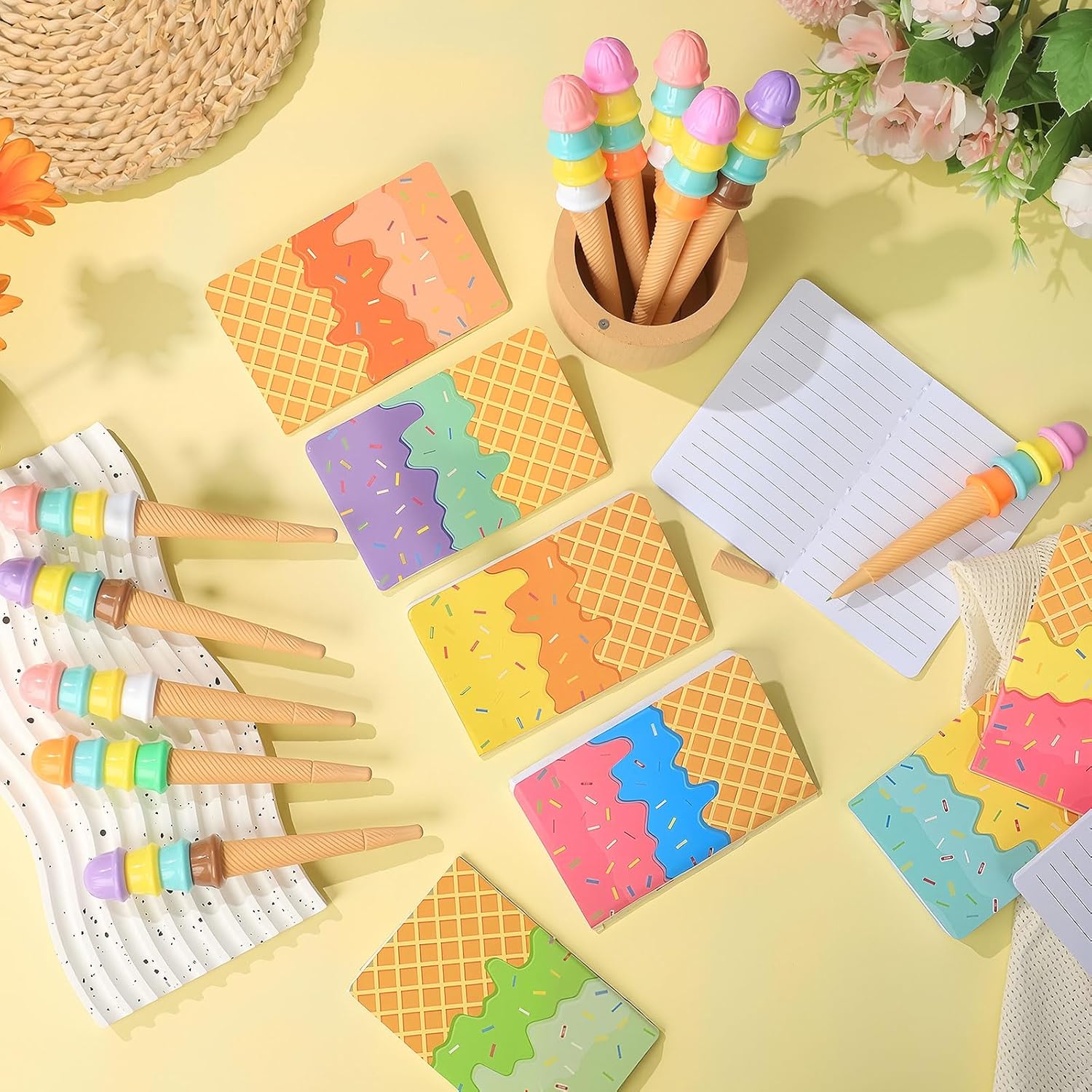 Qeeenar 48 Pieces Summer Ice Cream Party Favors 24 Pcs Colorful Notepads 24 Pcs Ice Cream Pens Summer Graduation Notebooks Pens 2026 End of the Year Gifts Bulk for Birthday Party Office Supplies