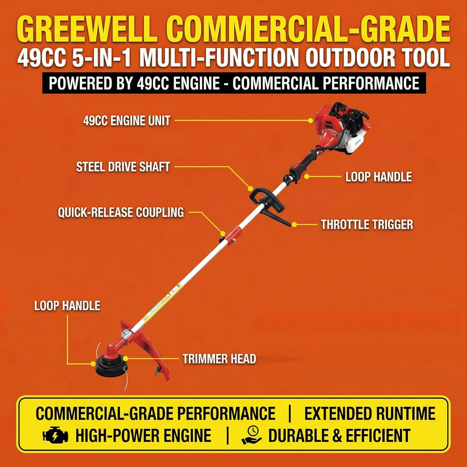 49cc/58cc 5-in-1 Gas Powered Weed Wacker Combo Brush Cutter Blade String Trimmer/Edger Pole Saw Pruner Hedge Trimmer Heavy Duty 2-Stroke Yard Tool with Harness Strap (58CC-5)