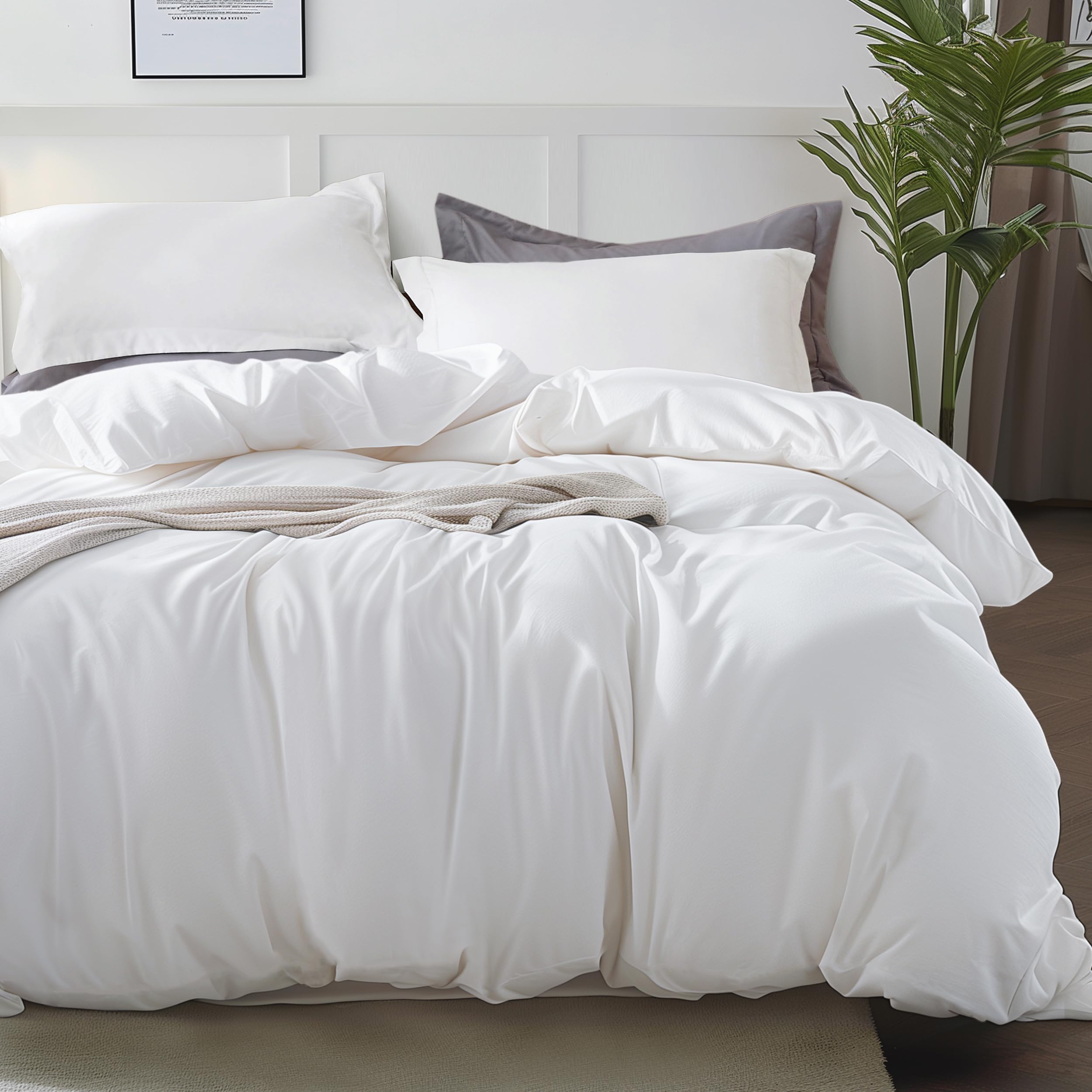 Bedsure Duvet Cover Queen Size - Soft Double Brushed Bedding Set for Kids & Adults, Zipper Closure, 3 Pieces, Includes 1 Duvet Cover (90"x90") & 2 Pillow Shams, NO Comforter, Bright White