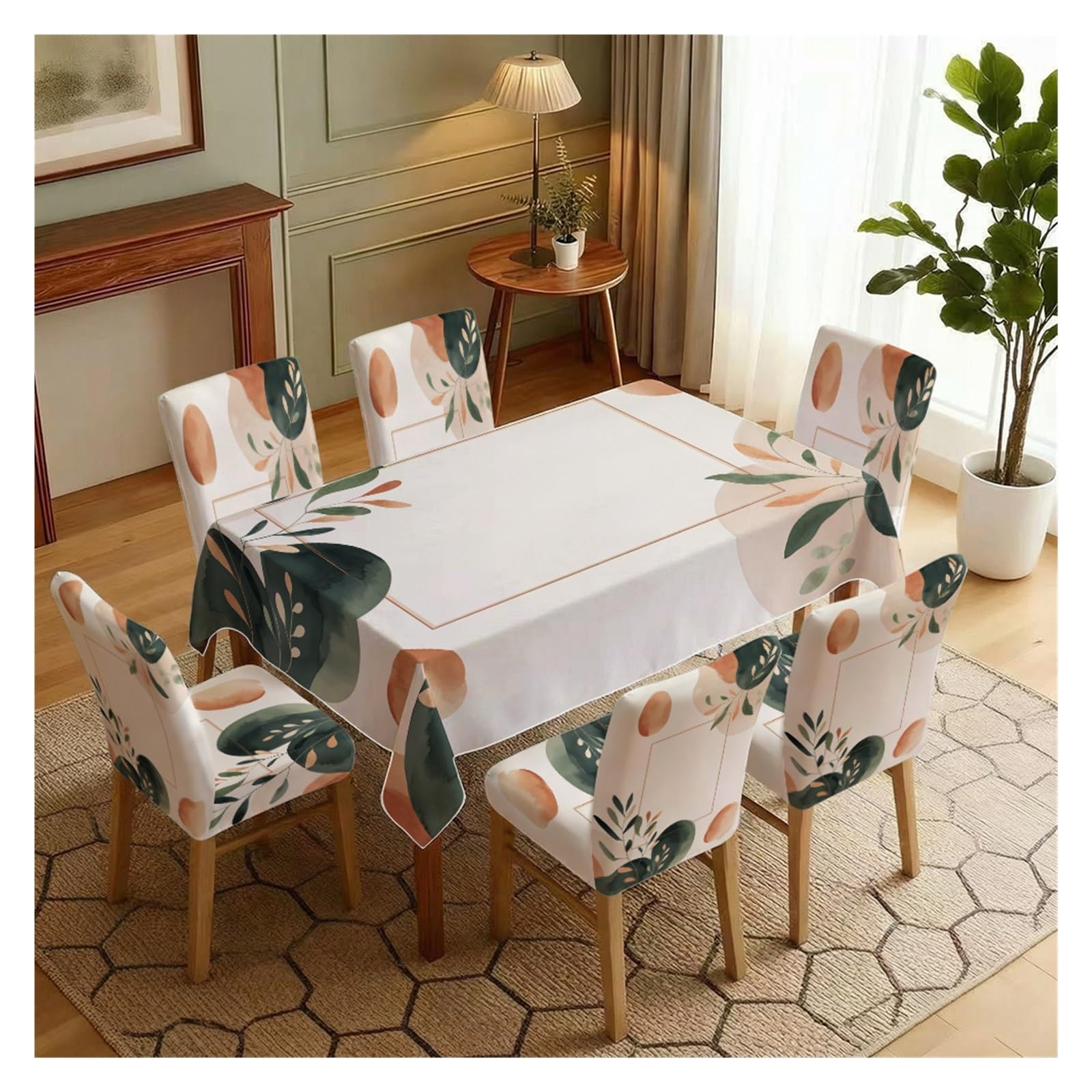 KXUAUV Off White Base Boho Watercolor Leaf Geometric Print Dining Tablecloth & Chair Covers Set, 5/7 Piece Modern Minimalist Nordic Dining Decor Party Decor(7pcs Set: Tablecloth+Chair Covers)