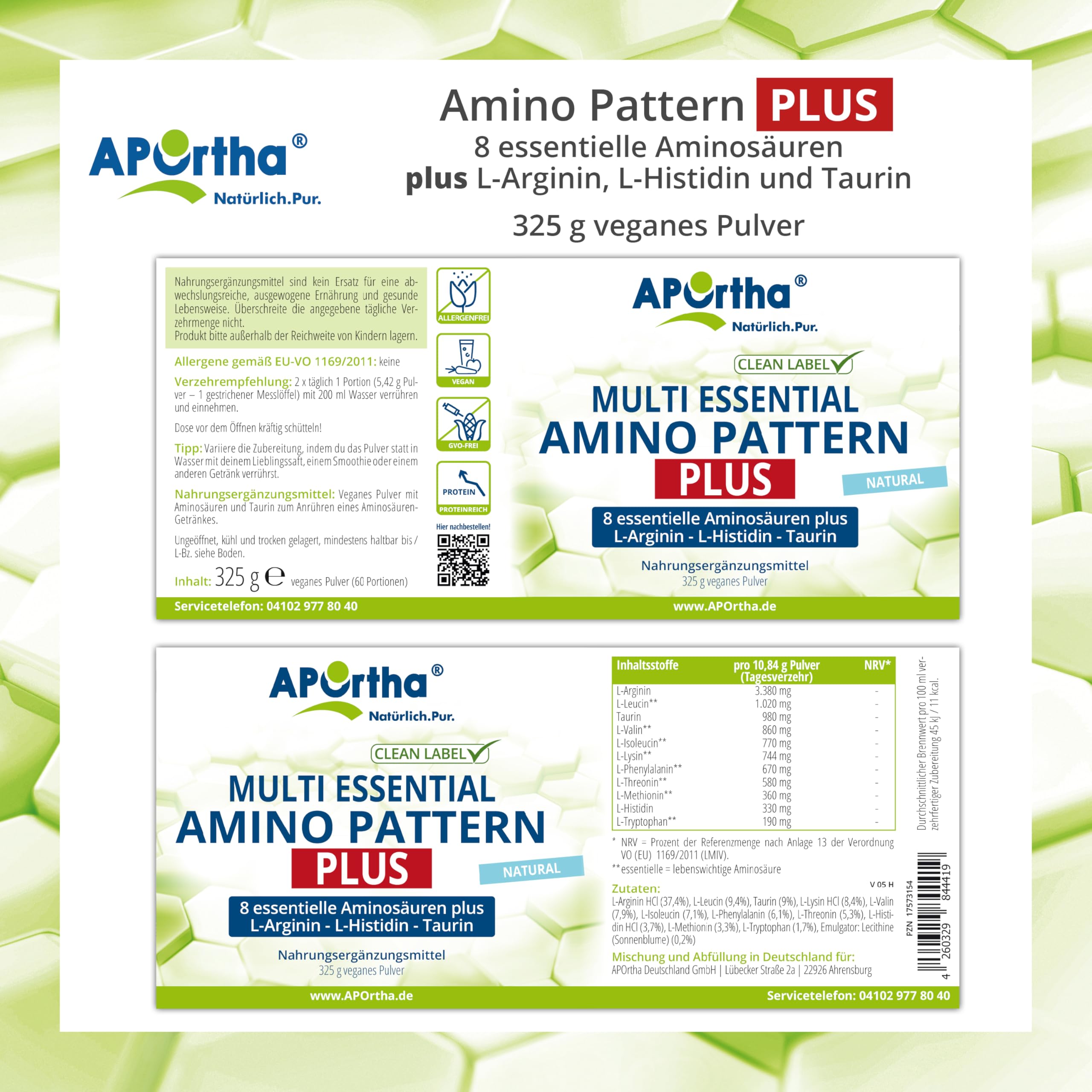 APOrtha® Amino Pattern PLUS - 325 g veganes Pulver mit 8 essentiellen Aminosäuren nach Prof. Dr. Lucà-Moretti plus L-Arginin, L-Histidin und Taurin für optimierte Eiweißversorgung, komplex hochdosiert