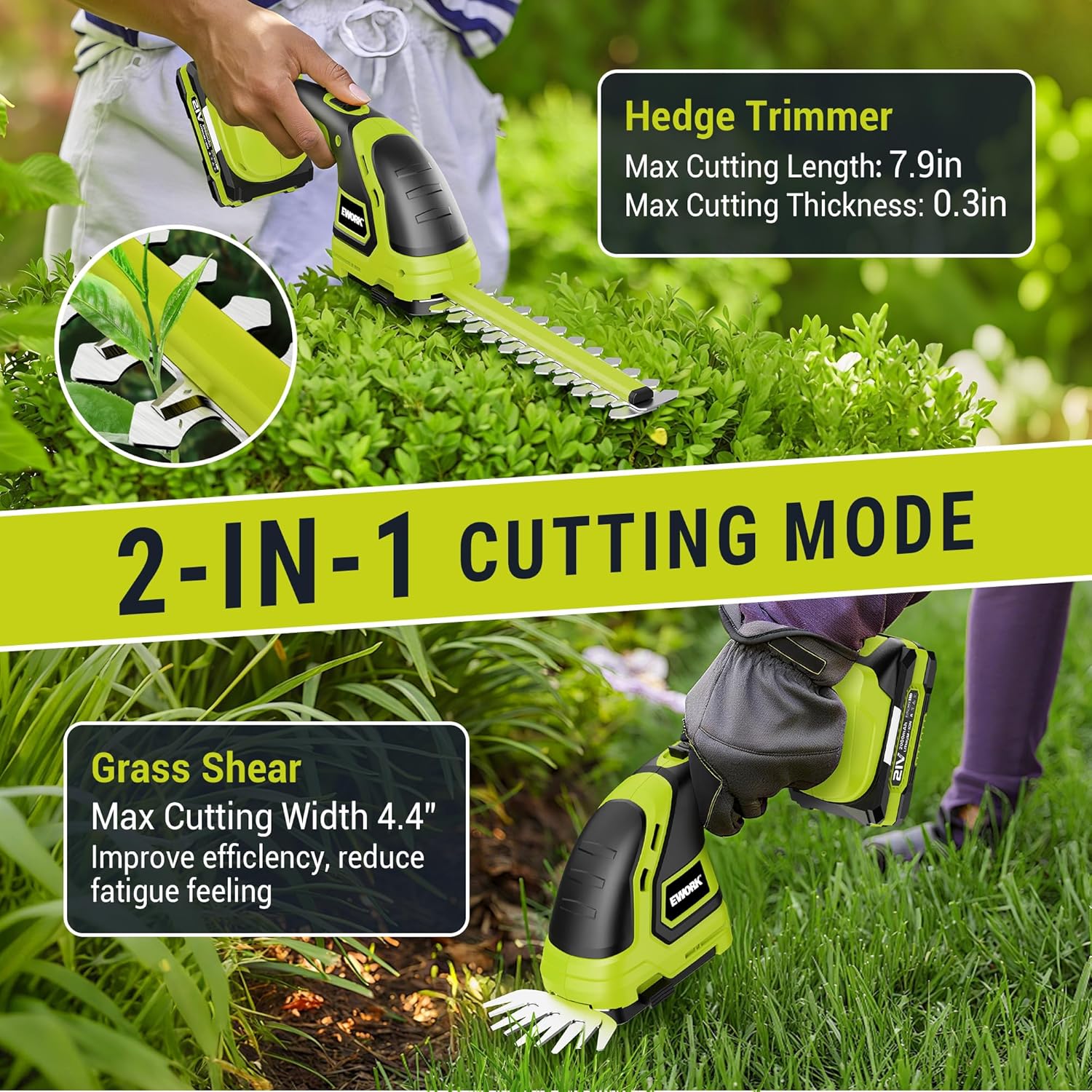 EWORK 21V Cordless Hedge Trimmer & Grass Shears 2-in-1 Handheld Small Electric Bush Trimmer with 2x2.0Ah Battery and Charger, Battery Powered Shrub Trimmer for Garden, Yard, Lawn Maintenance