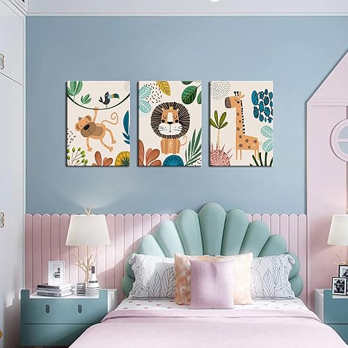 Miniatura 4 de AKWISH 3 lienzos enmarcados de animales de safari para pared, impresiones artísticas para habitación de niños y niñas, decoración de pared para
