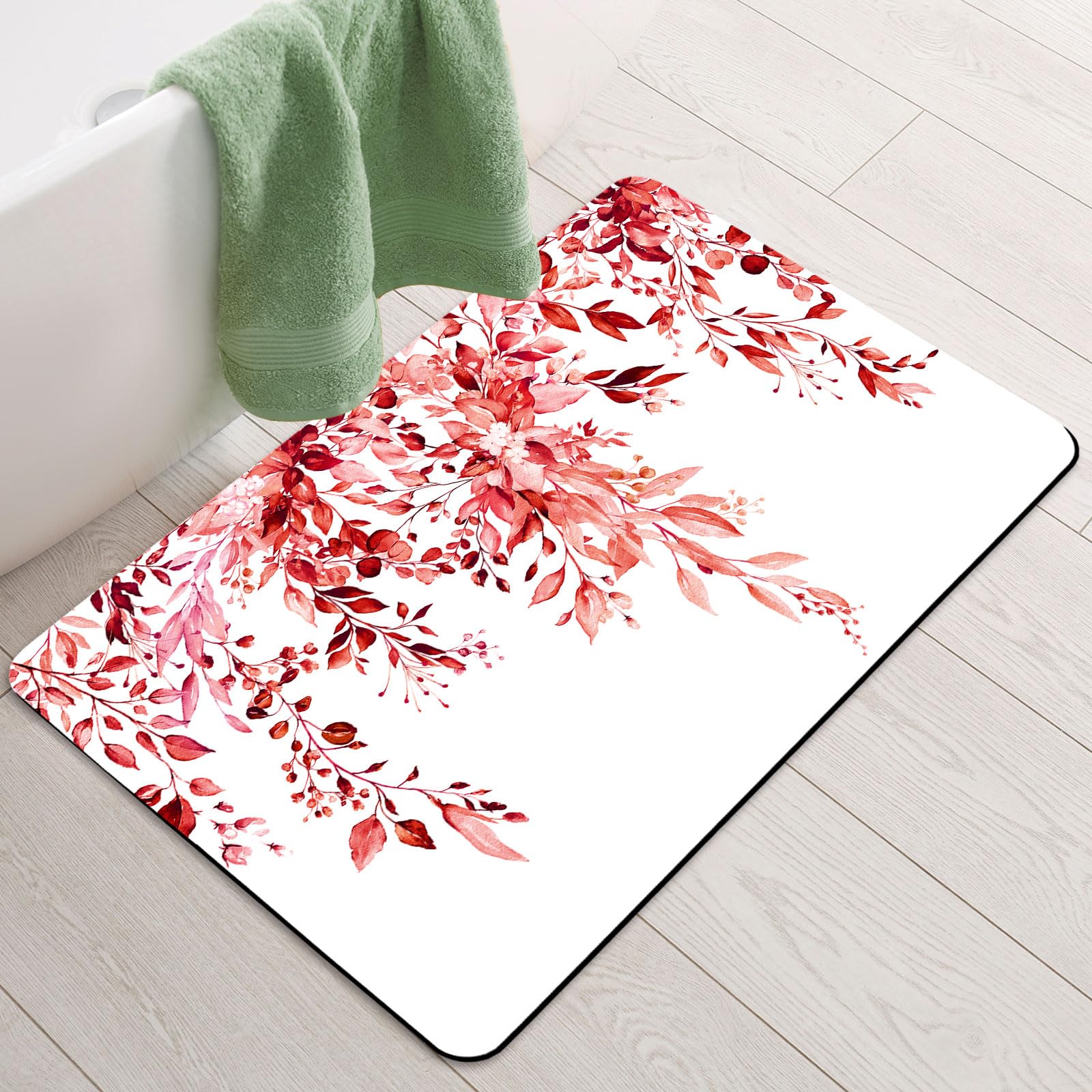 BBiggood Super Absorbent Bath Mat Rug Eucalyptus Leaves Bath Mat Fit Under Door Quick Dry Thin Bathroom Rugs