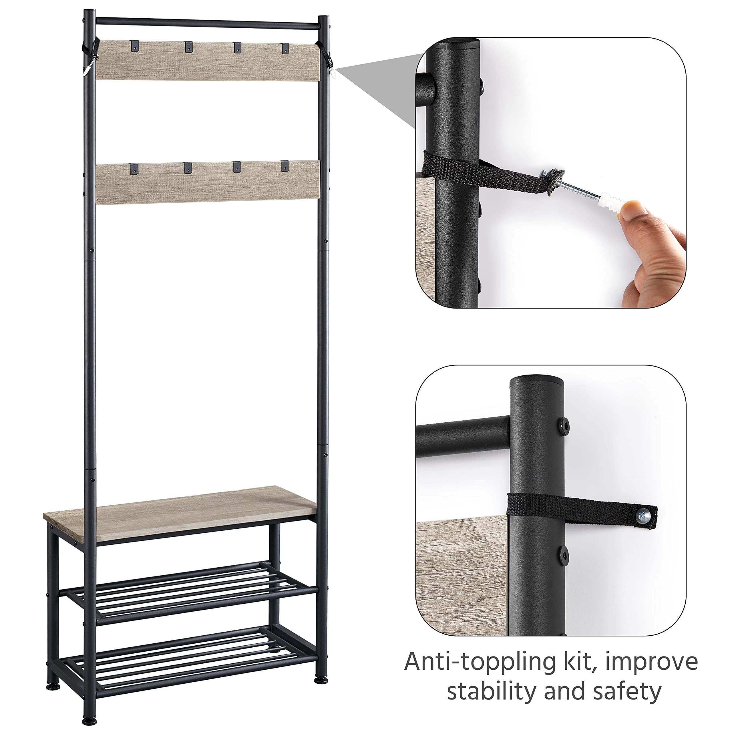 Yaheetech Perchero de Pie con Zapatero Perchero de Entrada Recibidor de Industrial Zapatero Recibidor de Madera con 3 Estantes y 9 Ganchos Desmontables 72.5x33x184.5cm Gris