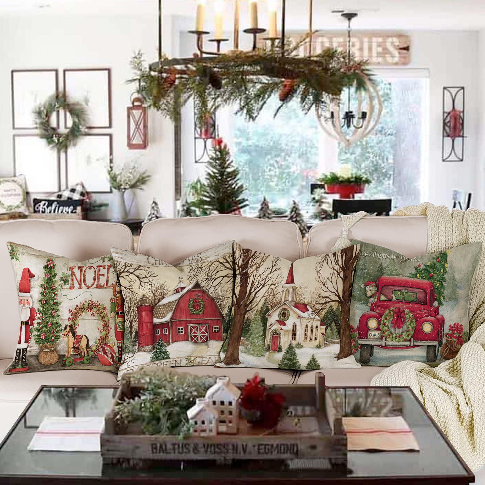 ZWJD Cuscini Natalizi per Divano 4 Pack Federe Cuscini Divano 40x40 Federe Cuscini Natalizi Cotone e Lino Biancheria Cuscini per Divano per Natale Decorazioni Casa