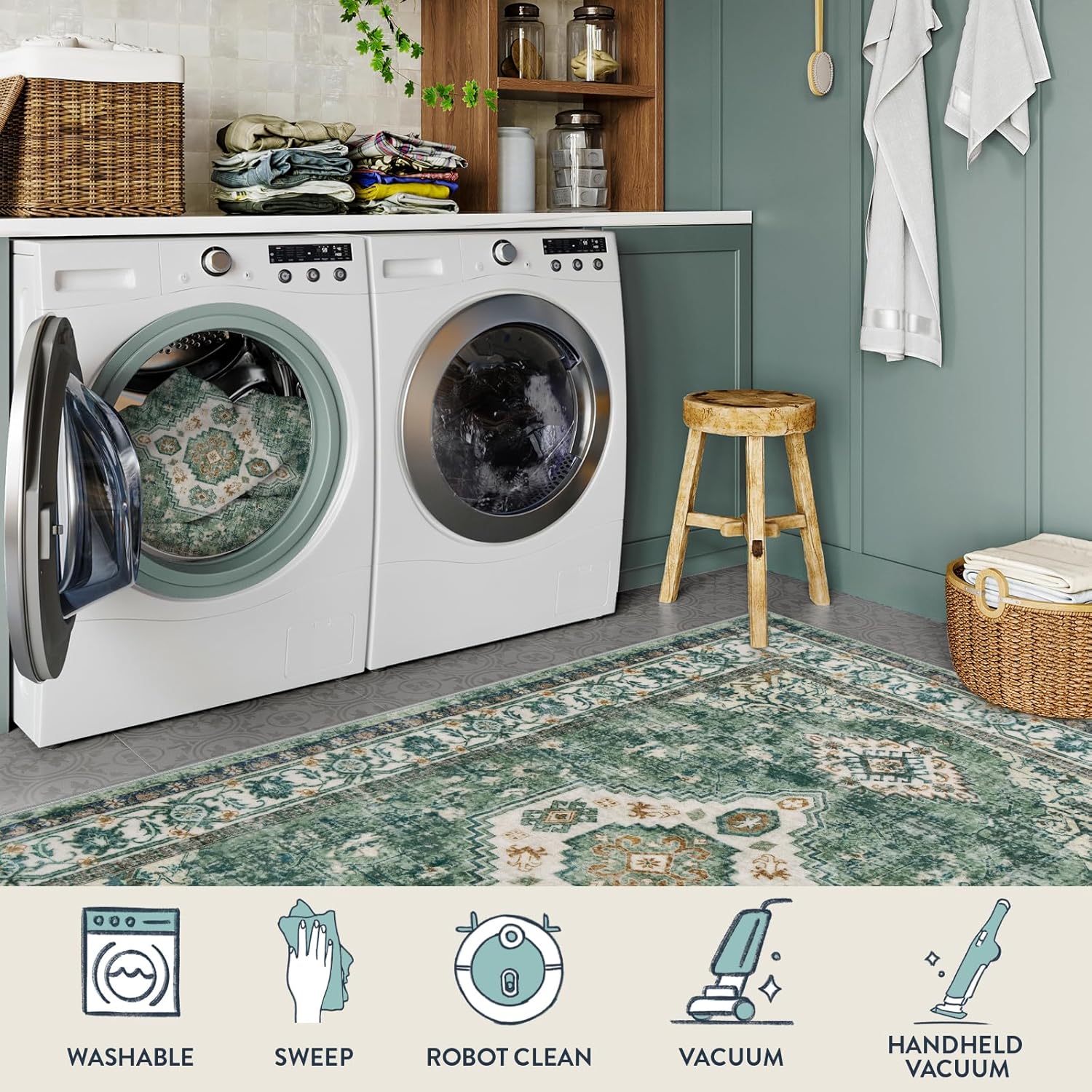 Green Floral 2' x 6' Washable Non-Slip Runner Rug