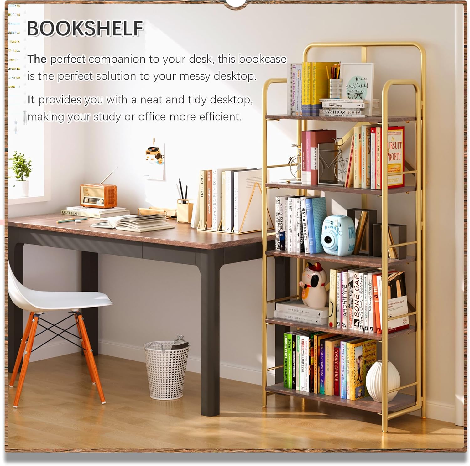 4NM No Assembly Folding Bookshelf, 5 Tiers Collapsible Book Shelves Open Industrial Foldable Storage Bookcase Shelf for Bedroom, Living Room, Home Office - Brown and Gold - Image 3