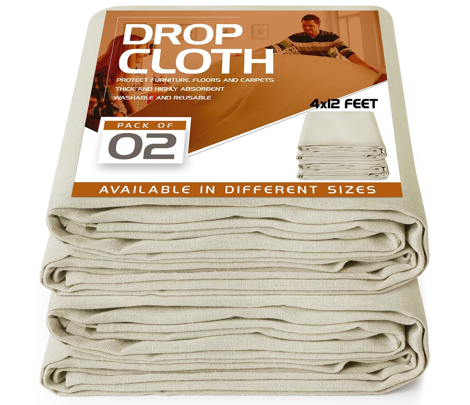 Drop Cloth for Painting (4x12 ft, 2 Pack) Washable and Reusable Canvas Fabric for Furniture & Floor Protection Highly Absorbent Paint Cover - Duck Dropcloth for Outdoor and Indoor Use