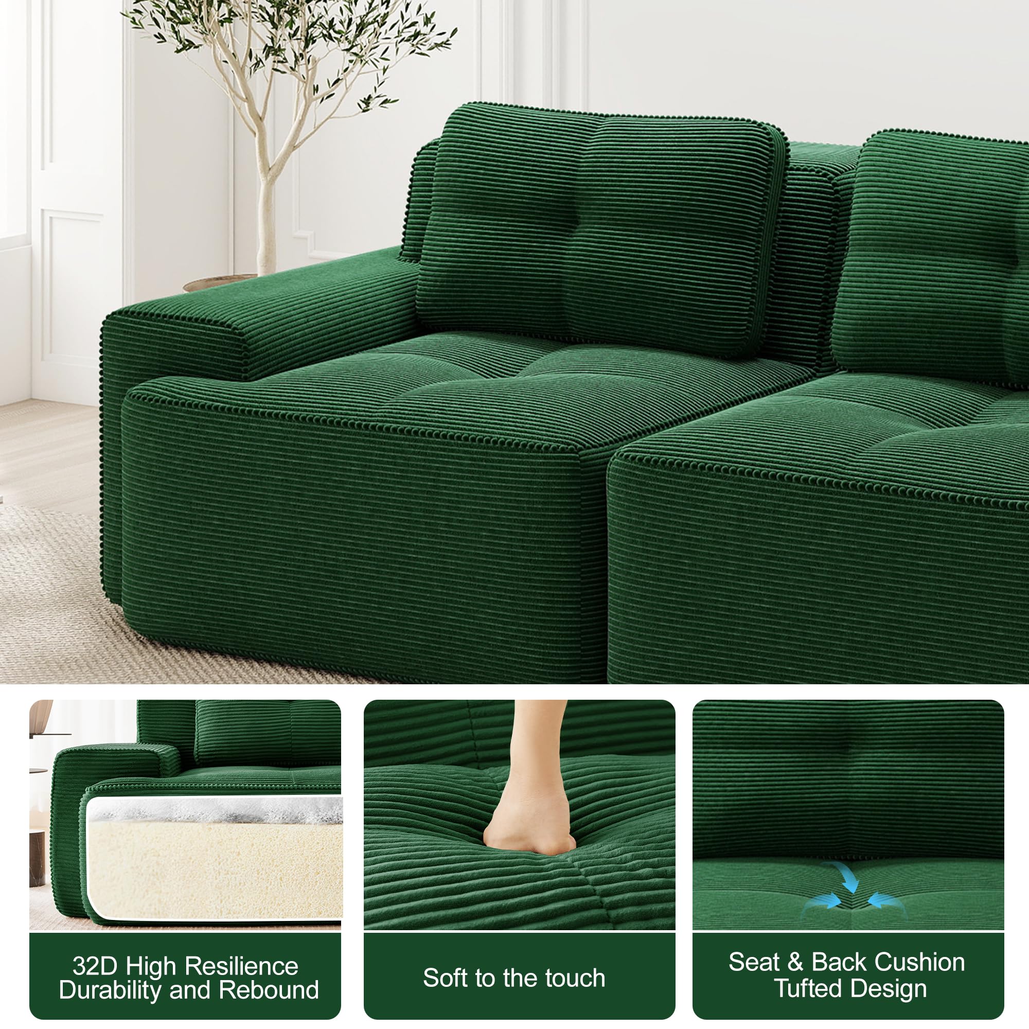 Divano Modulare Boneless per Soggiorno, Divano 4 Posti in Velluto a Coste con 2 pouf, antiscivolo divano a U Nuvola con Braccioli larghi, Senza Montaggio(Verde)