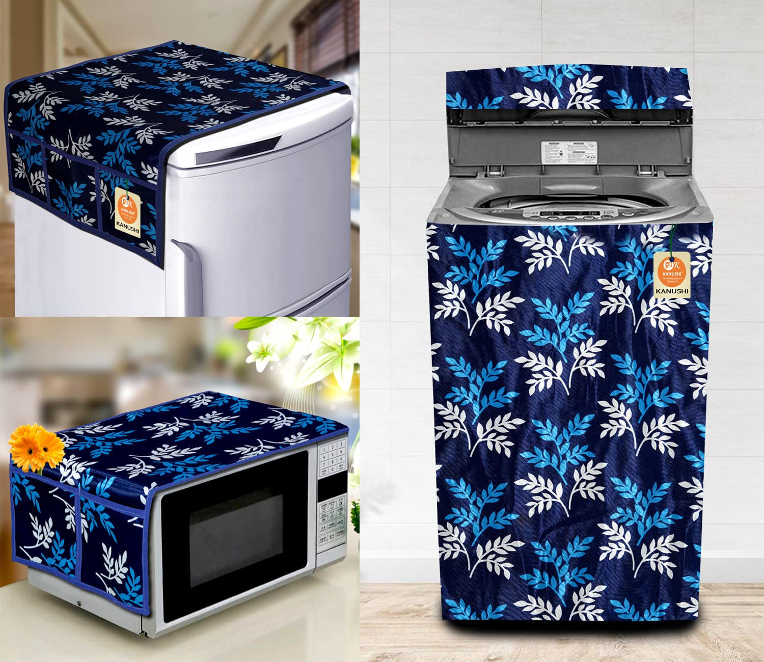 KANUSHI Industries® Microwave/Oven Top Cover + 1 Pc Top Load Fully Automatic Washing Machine Cover + 1 Pc Fridge/Refrigerator Top Cover(CPY2-FRI+Micro+W.M-Fully-Blue-Small-LEVS)