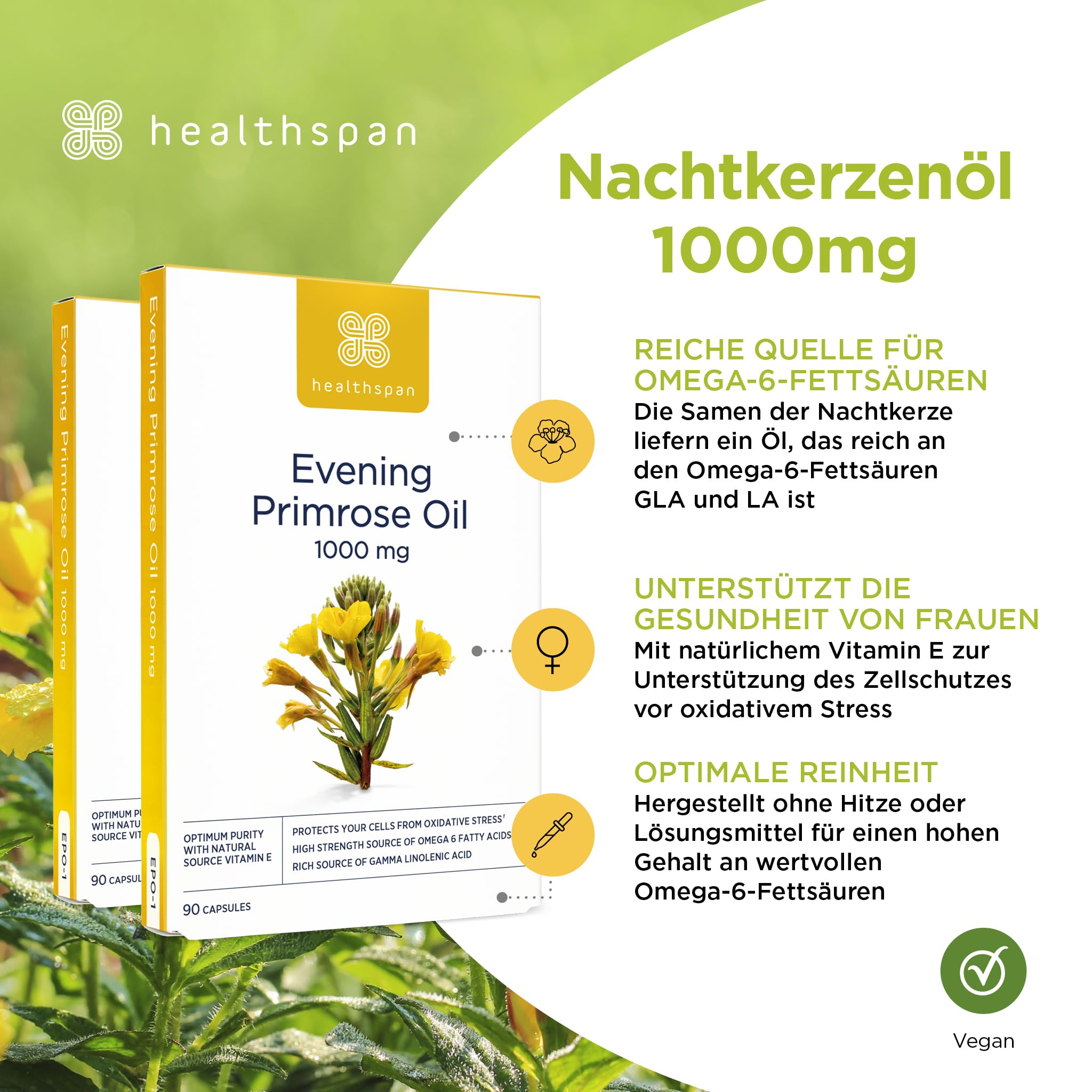 Healthspan Nachtkerzenöl | 1.000 mg Dosierung | unterstützt die Frauengesundheit & das hormonelle Gleichgewicht | reichhaltige Quelle an Omega-6-Fettsäuren | mit Vitamin E | Vegan (180 Count)