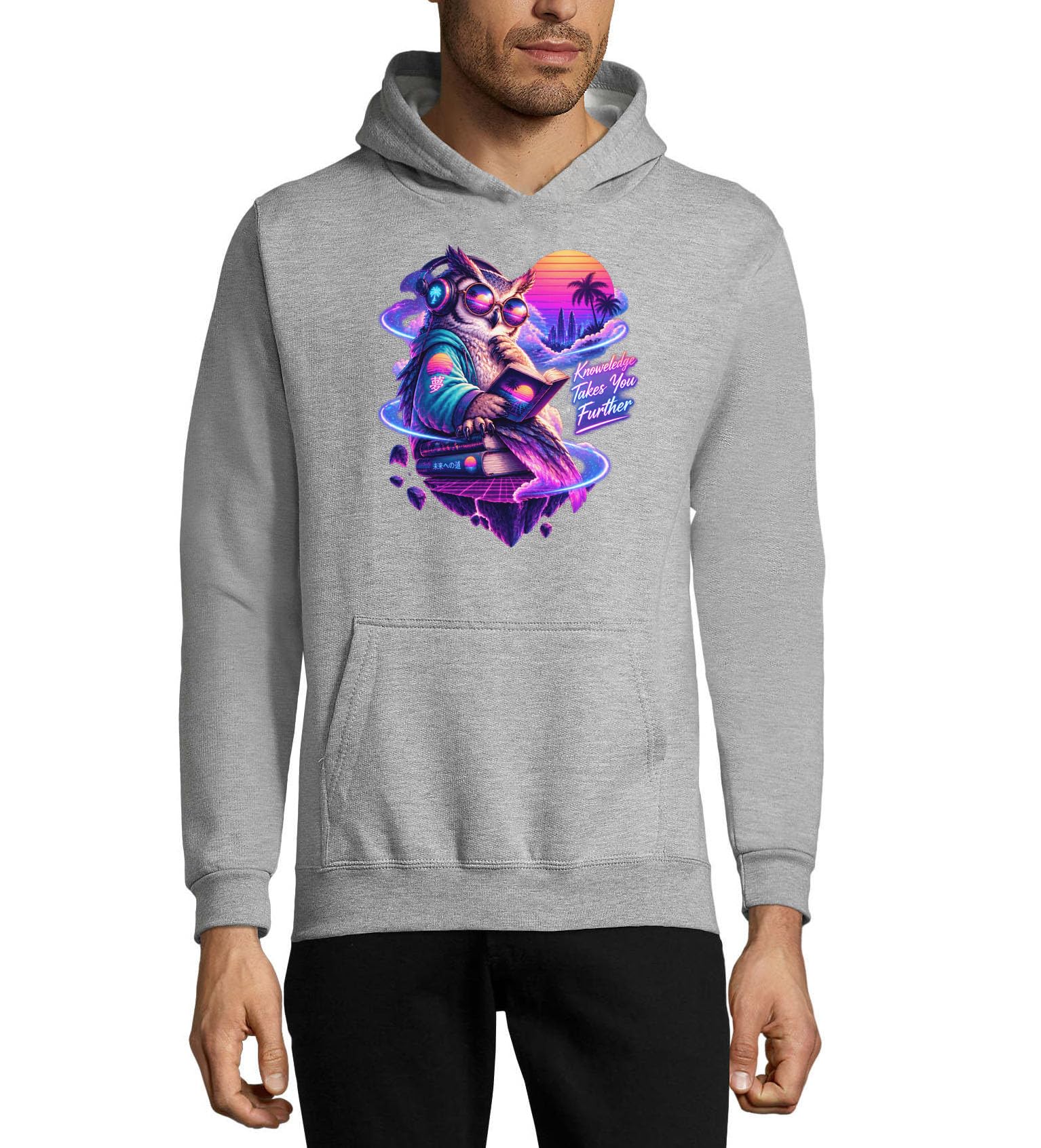 Sowa czytająca książki w neonowym świecie fantasy unisex mieszanka bawełny bluza z kapturem szara
