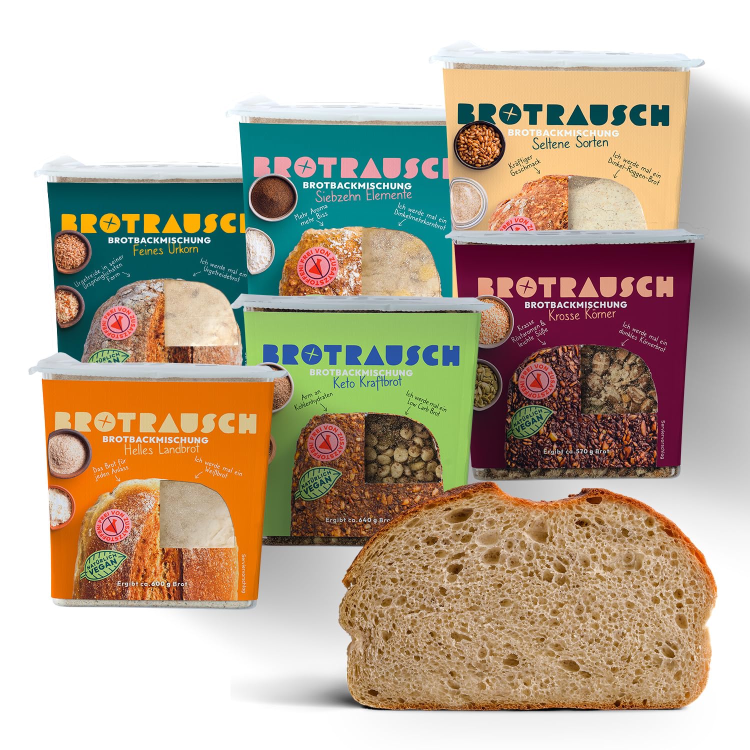 Brotrausch Brotbackmischung Probierpaket (6 x 400g) – inkl. Brotbackform, Teigzugaben & Toppings - natürlich & vegan - mit Vollkorn und Dinkel - Ballaststoff- und Proteinreich