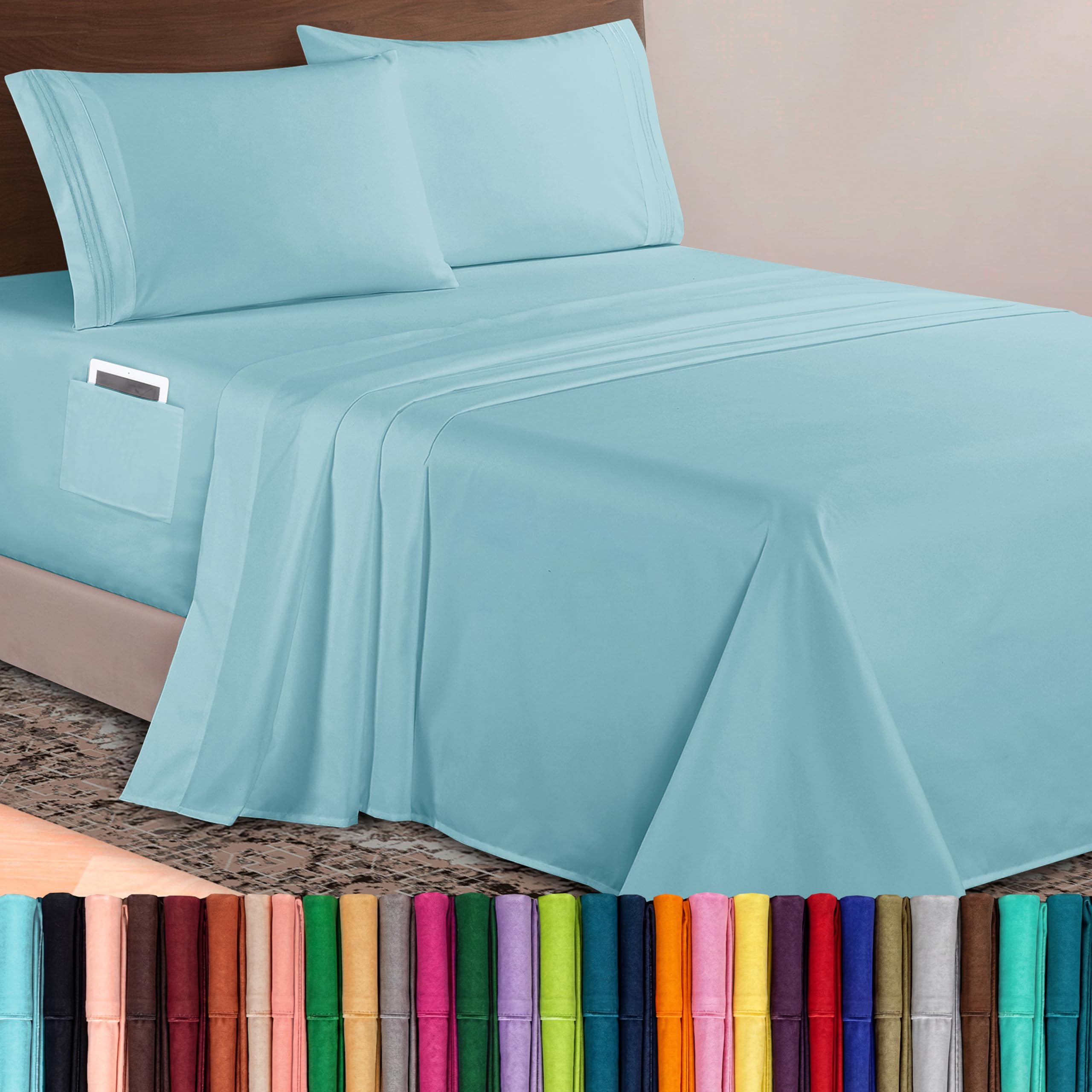 Elegant Comfort Luxurious 1500 Premium Hotel Quality Microfiber 4-Piece Sheet Set, 18-24 Inches Deep - Extra Deep Pocket Sheets - Ultra Soft 4PC Deep Pocket Sheets, King, Aqua Blue