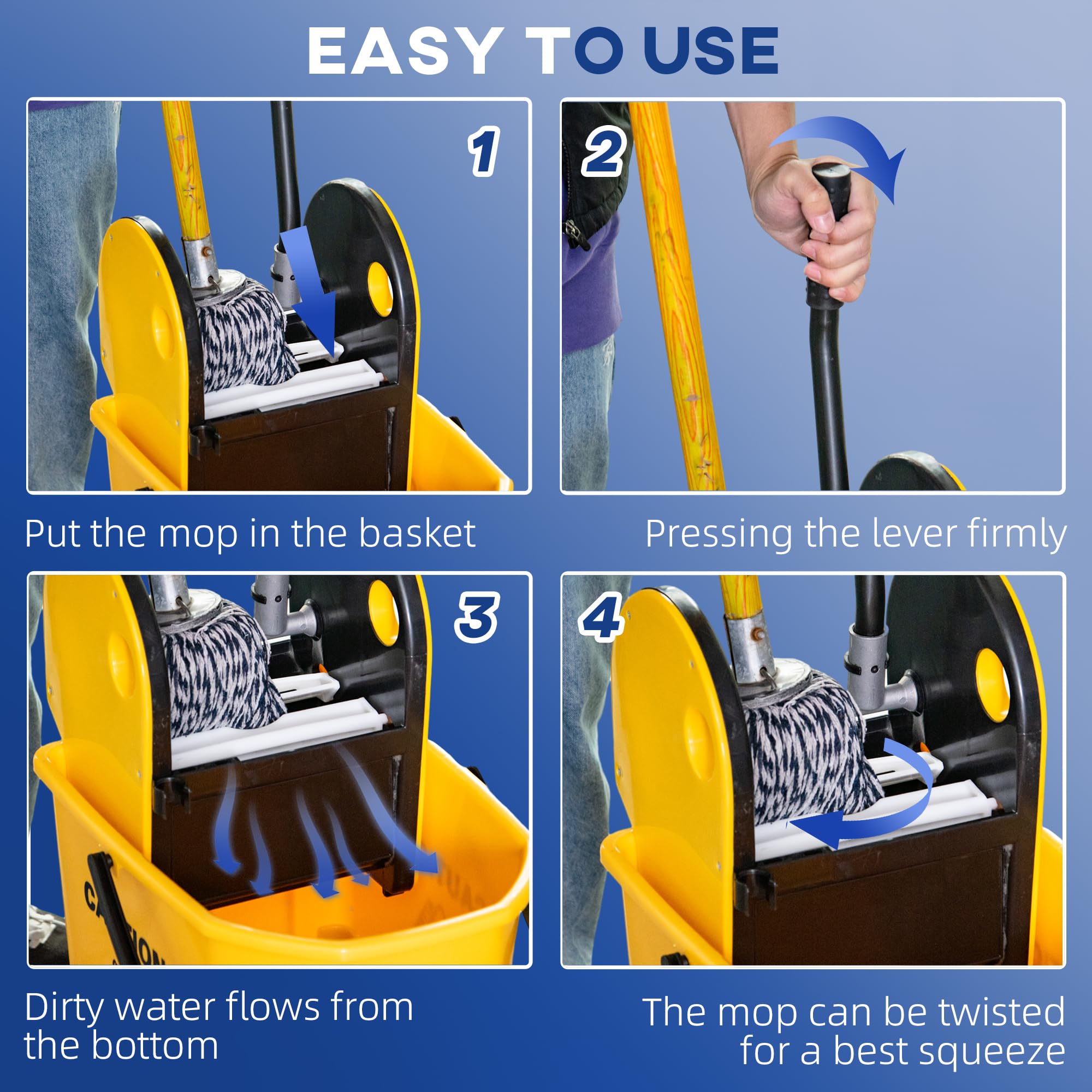 HOMCOM - Carro de limpieza, carrito de limpieza profesional con cubo, capacidad de 26L con escurridor, carro de mantenimiento, 44 x 36 x 90 cm, amarillo