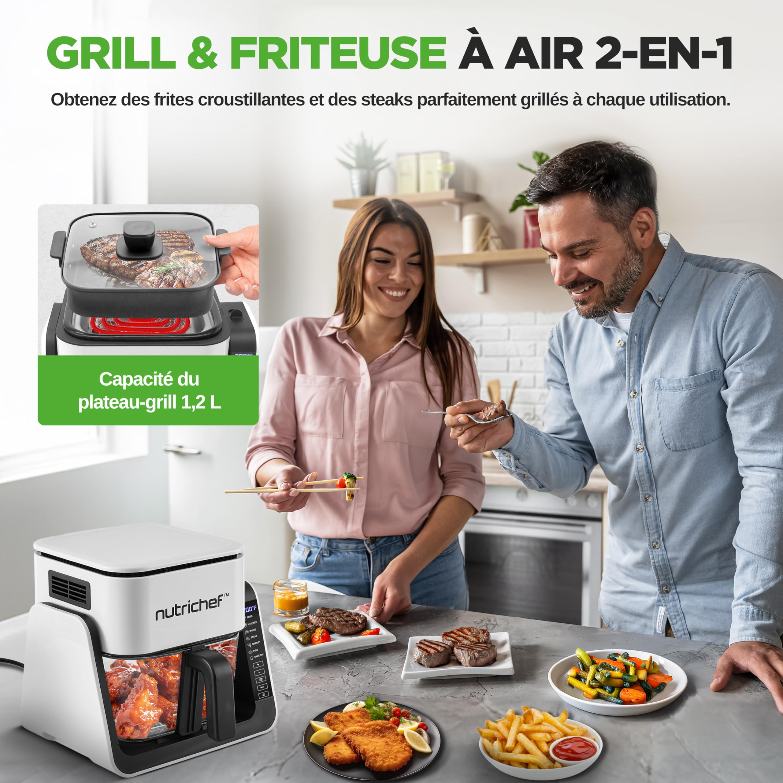 NutriChef Friteuse à Air avec Gril 1500W – Air Fryer à Bol en Verre Transparent 4L & Gril 1,2L, Double Niveau, 8 Programmes | Friteuse Sans Huile Frites, Ailes, Steaks