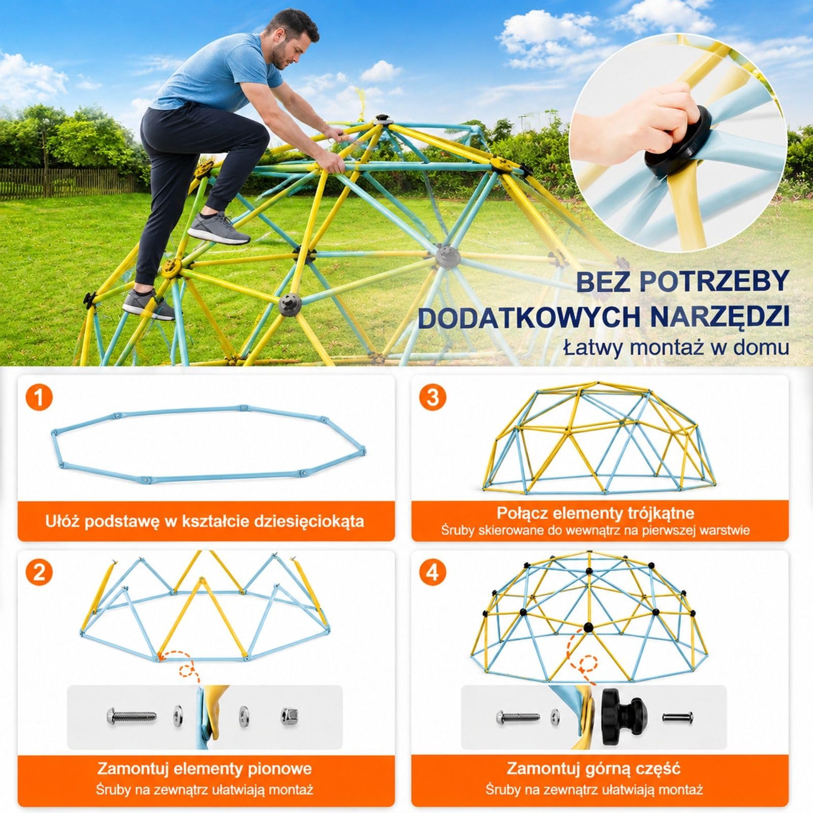 Geometryczna kopuła wspinaczkowa do ogrodu i na podwórko, stalowa rama z kolorową powłoką proszkową