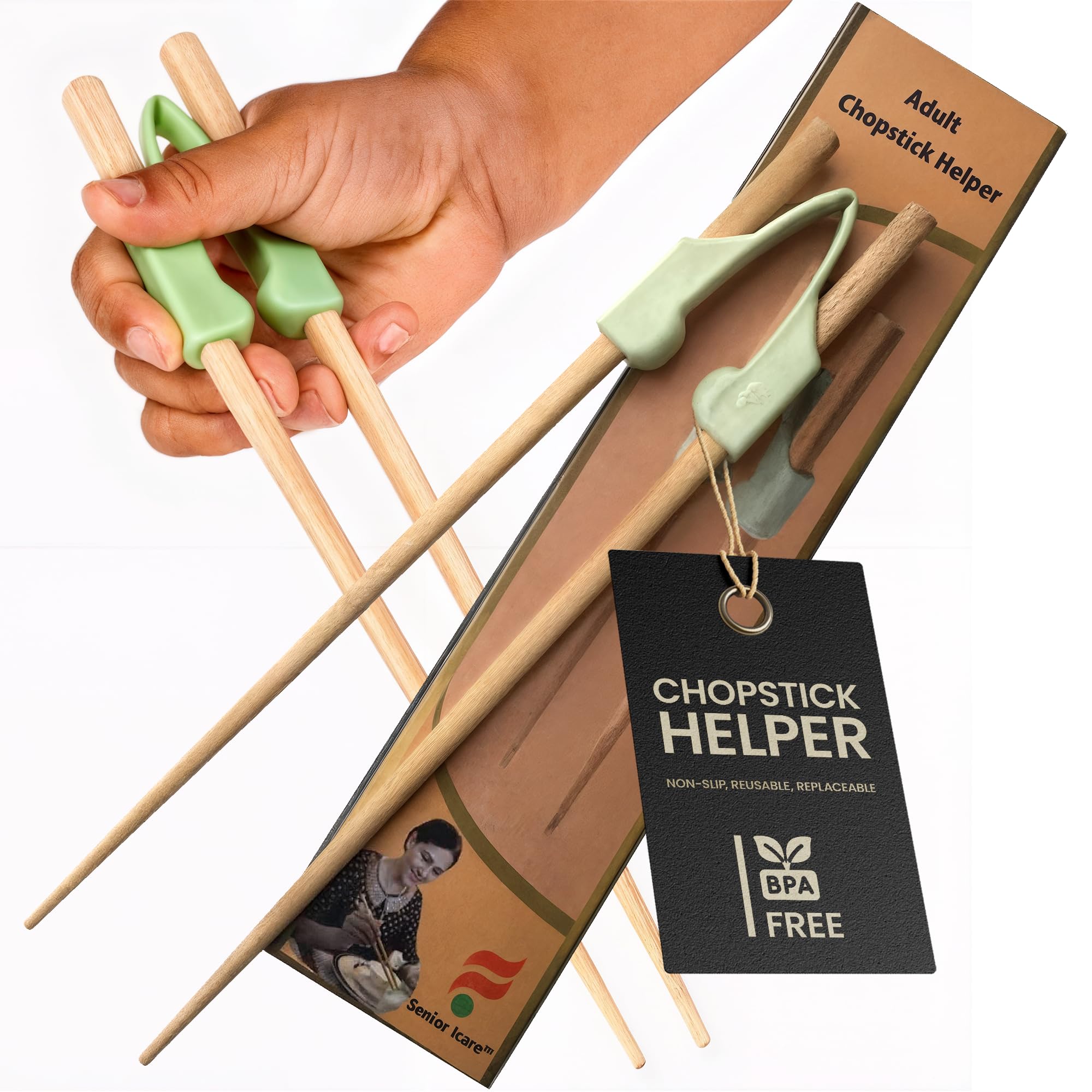 Adult chopstick helpers/trainers - Design for adult - BPA free POM non-toxic hard engineering plastic helper - left or right hand - Non-slippery replaceable wood chopstick