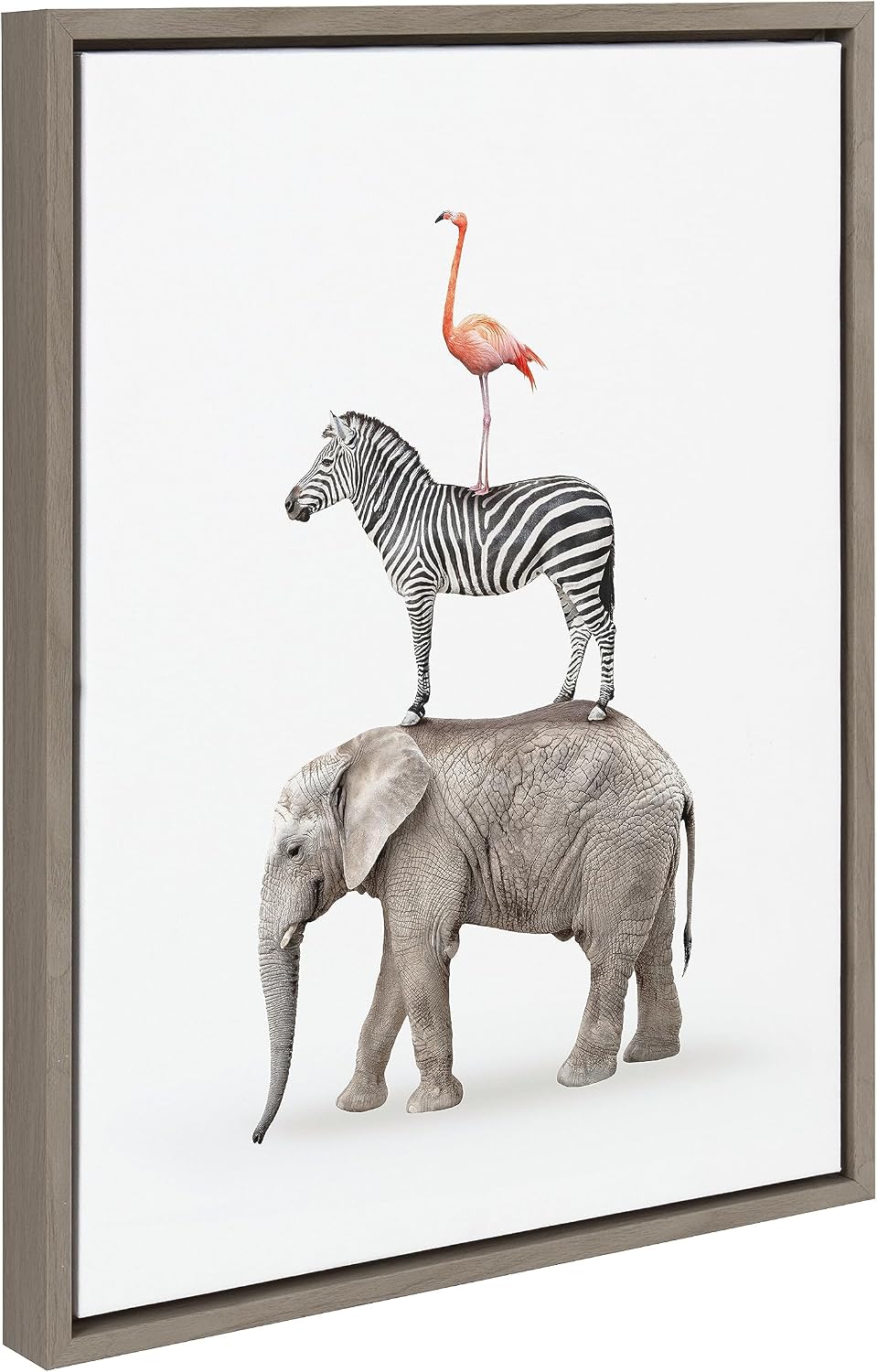 Kate and Laurel Sylvie Zebra in Tall Grass, Flamingo Standing, Baby Elephant Walk and Safari Animals Framed Canvas Wall Art Set by Amy Peterson Art Studio, 4 Piece Set Gray, Simple Animal Art for Wall